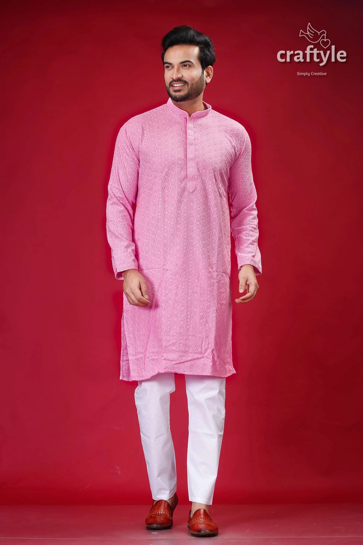 Sequin-embellished lavender pink chikankari kurta for men man pajama 3