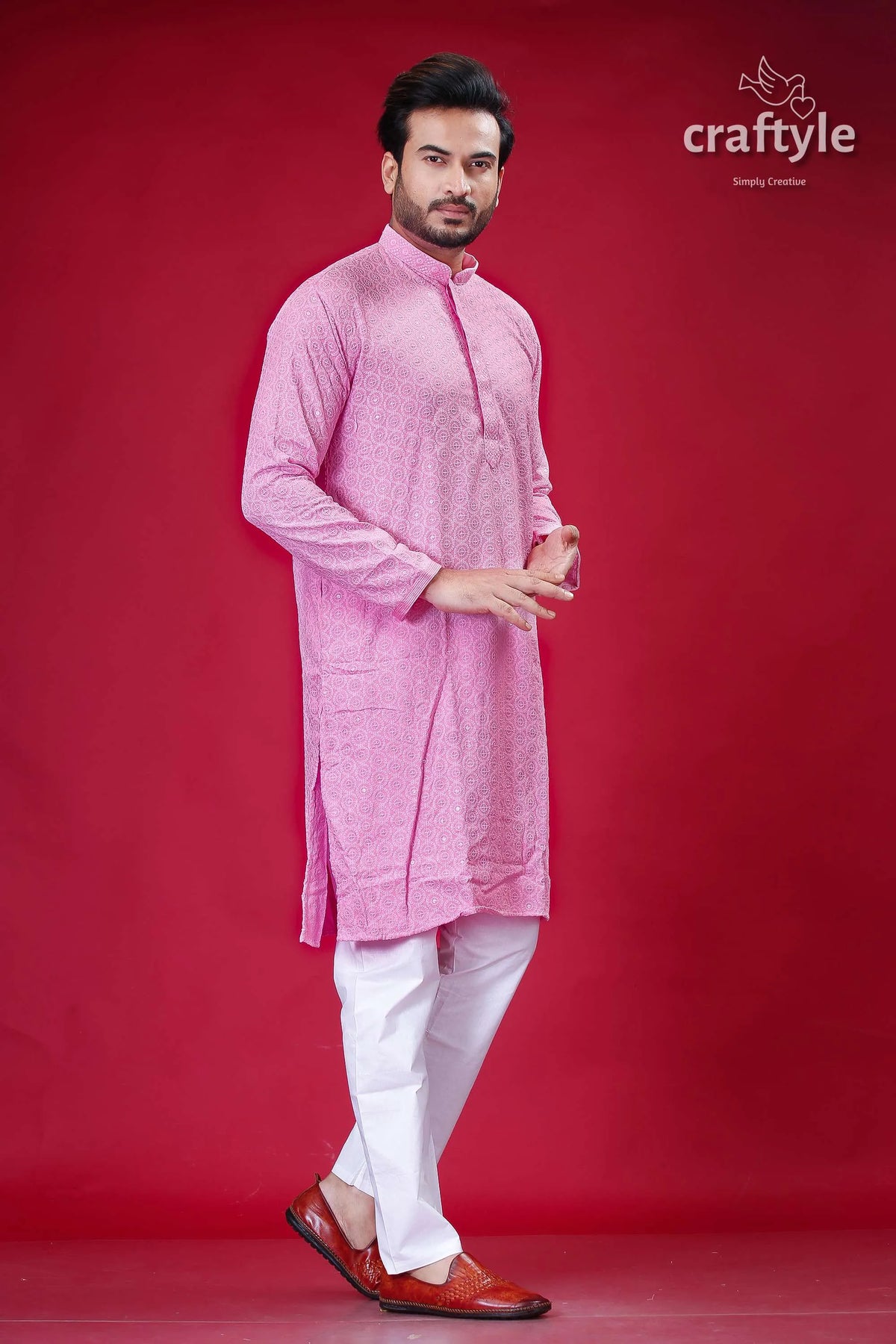 Sequin-embellished lavender pink chikankari kurta for men white pants 4