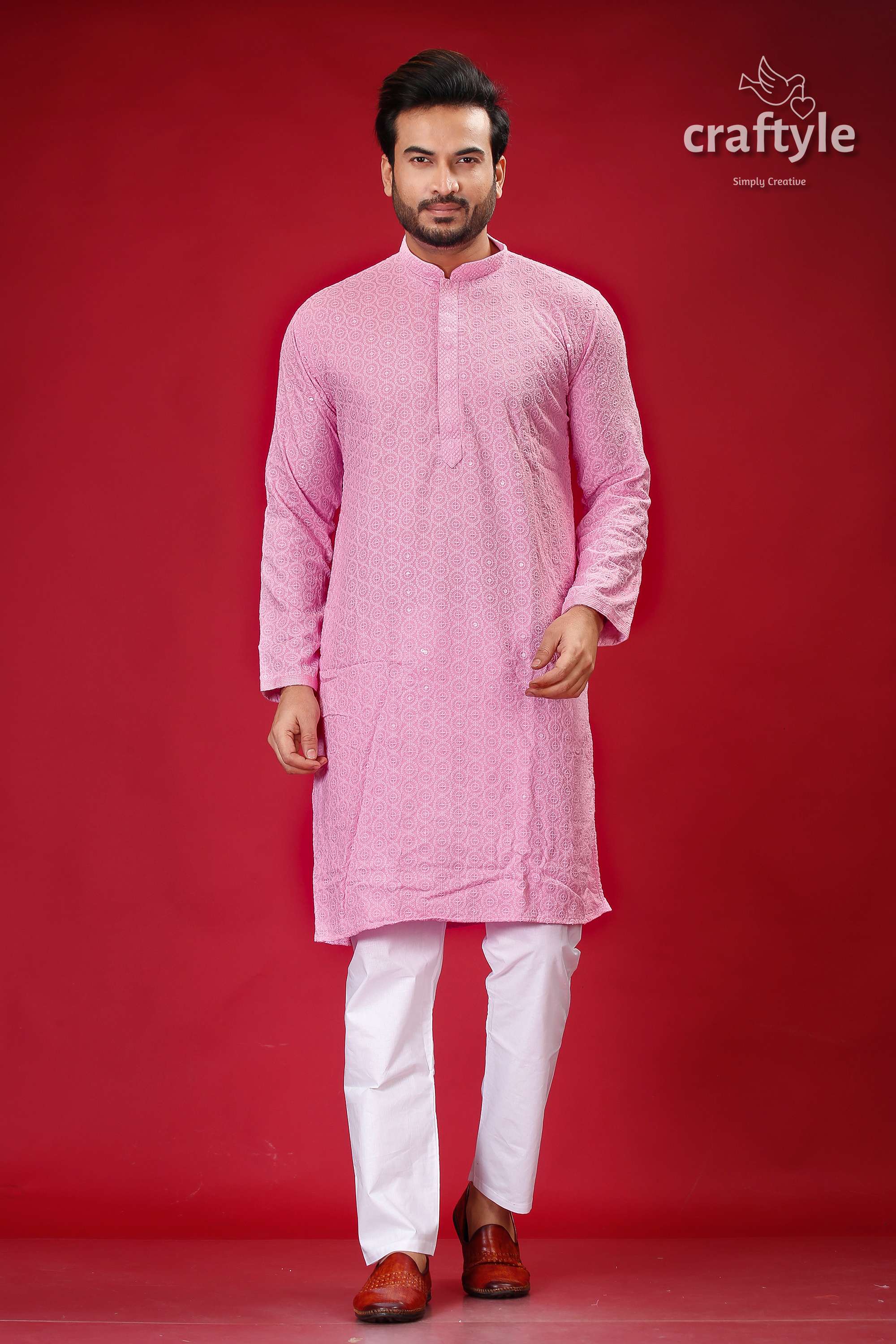 Sequin-Embellished Lavender Pink Chikankari Kurta for Men - Craftyle