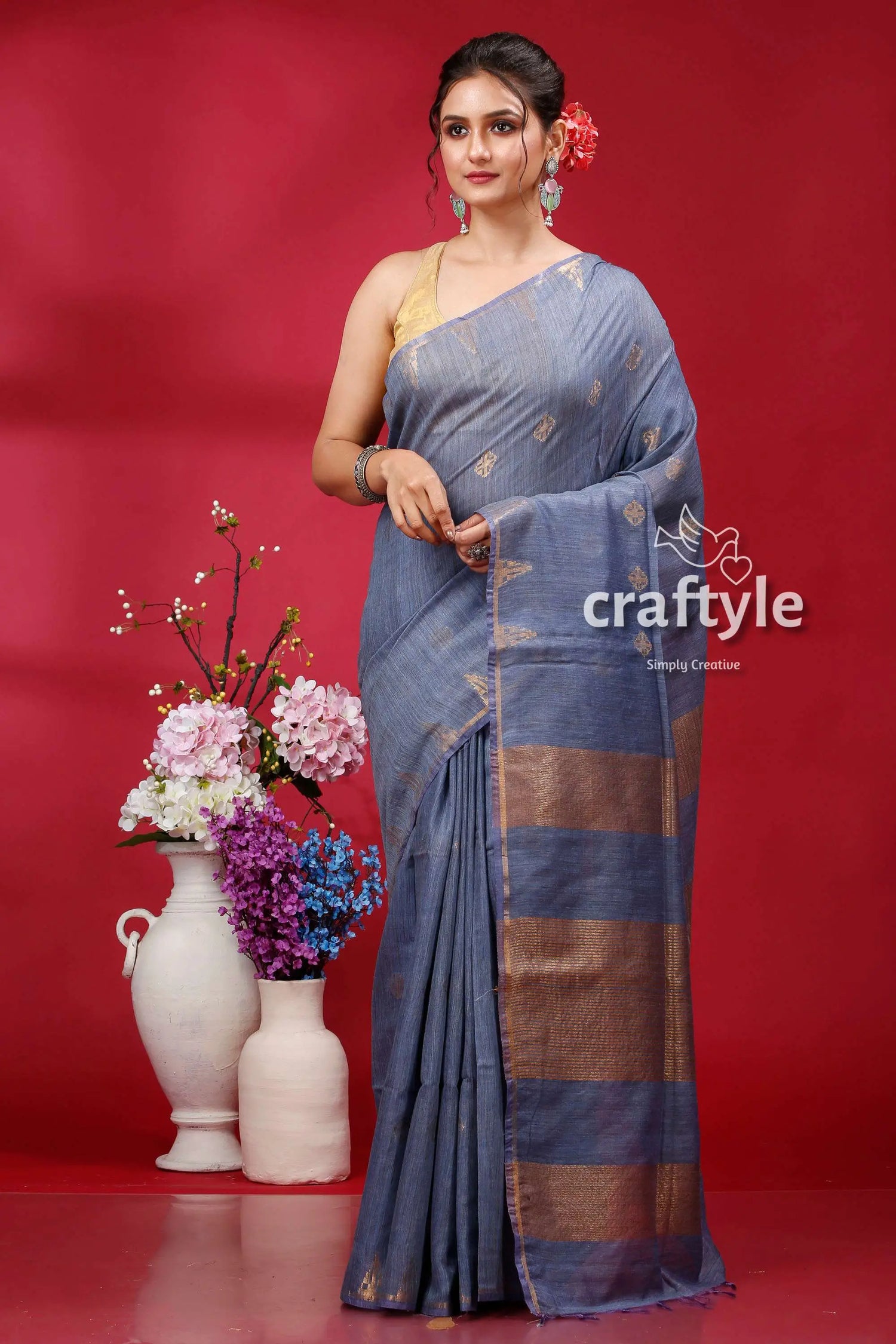 Shadow blue bhagalpuri silk saree with golden zari weaving - soft ghicha woman blue saree 1