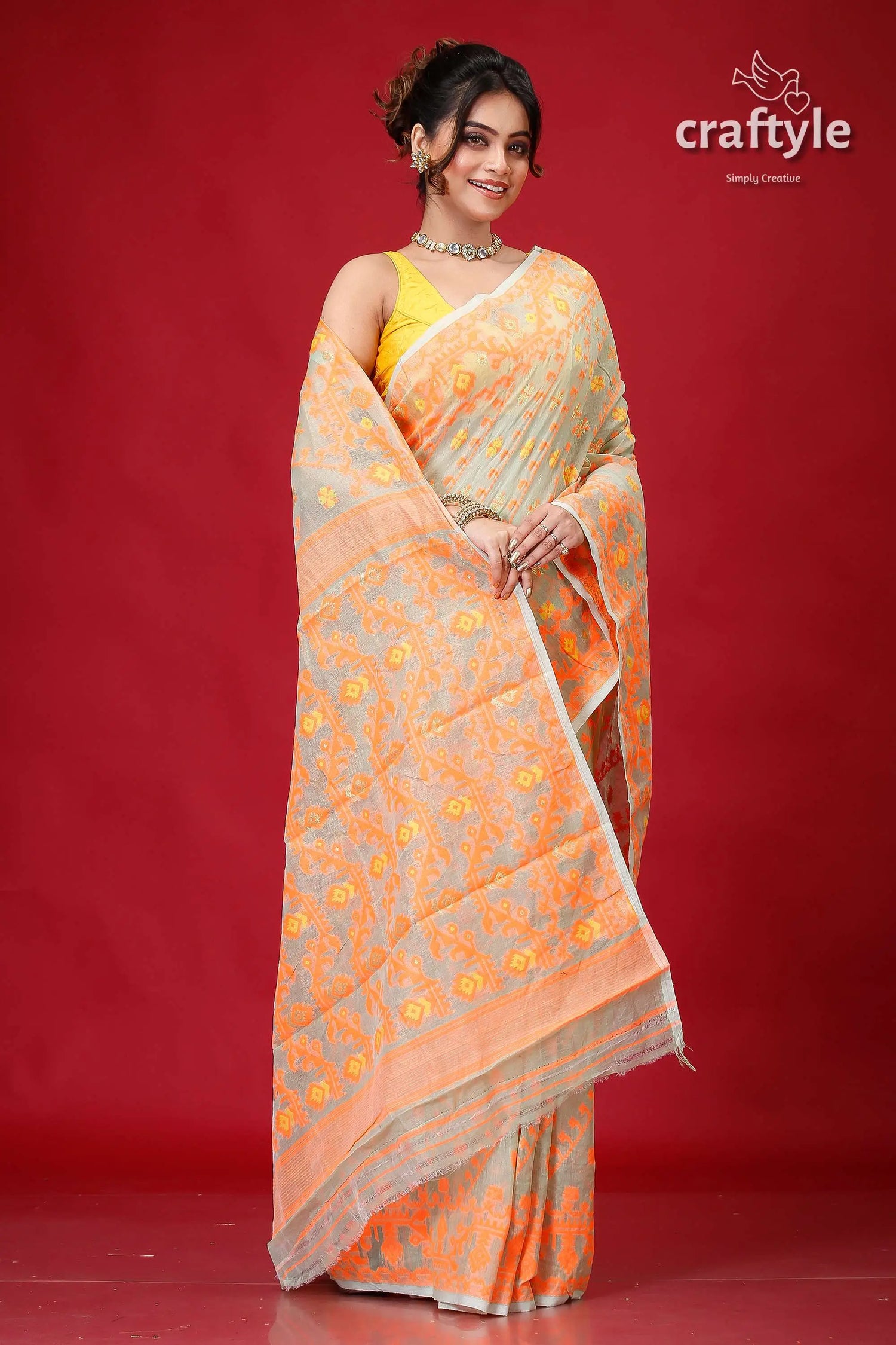 Shadow green bengal handloom soft jamdani saree woman orange gray saree 4