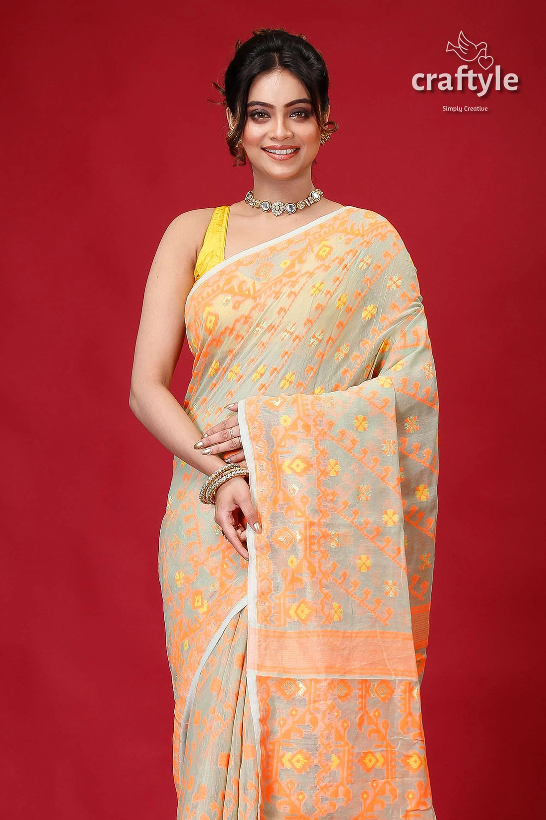 Shadow green bengal handloom soft jamdani saree woman patterned 2