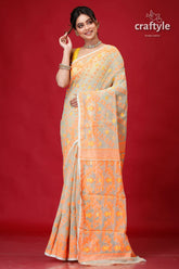 Shadow green bengal handloom soft jamdani saree woman beige orange saree 1