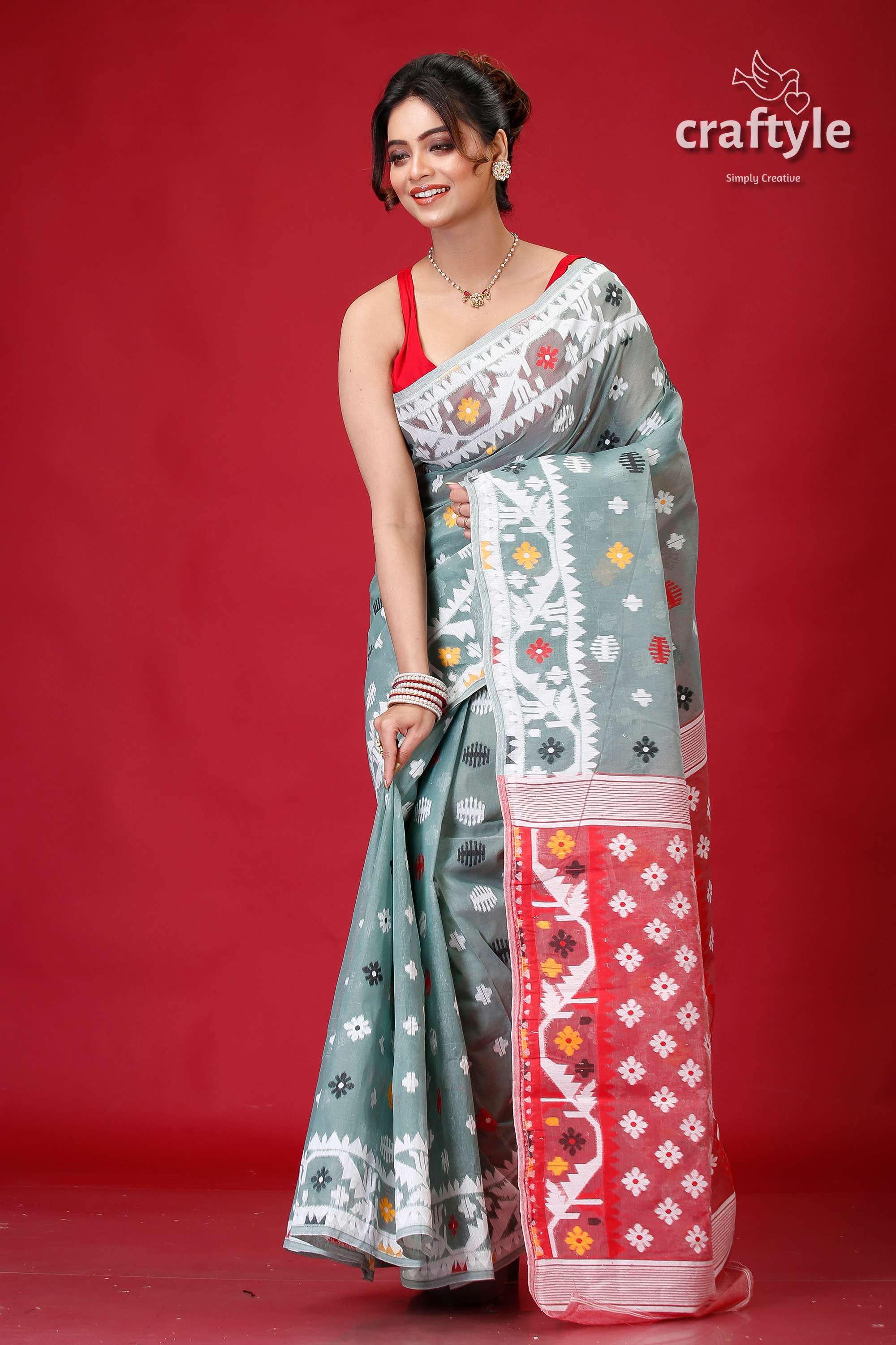 Shadow Green Bengal Jamdani Saree-Craftyle