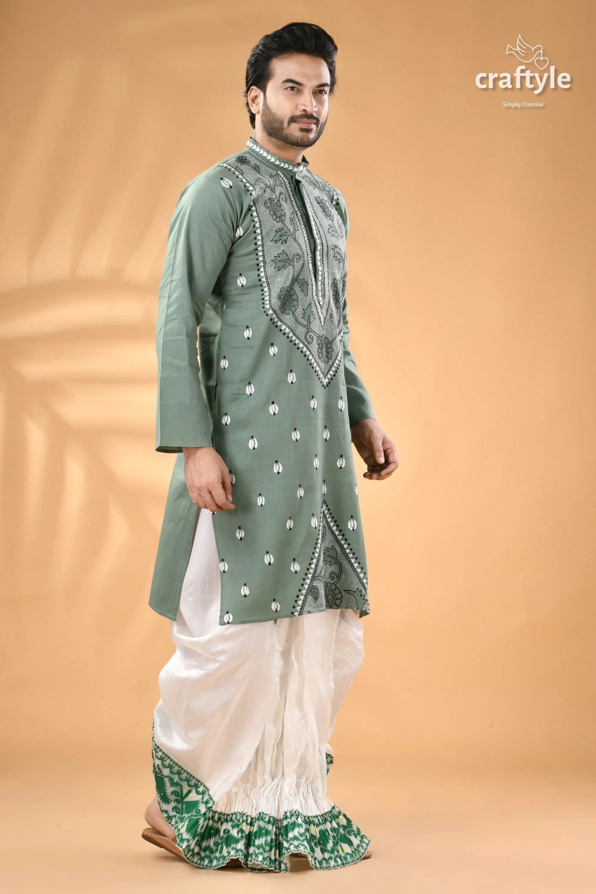 Shadow green hand kantha work cotton ethnic punjabi for men men’s sage embroidered kurta 3
