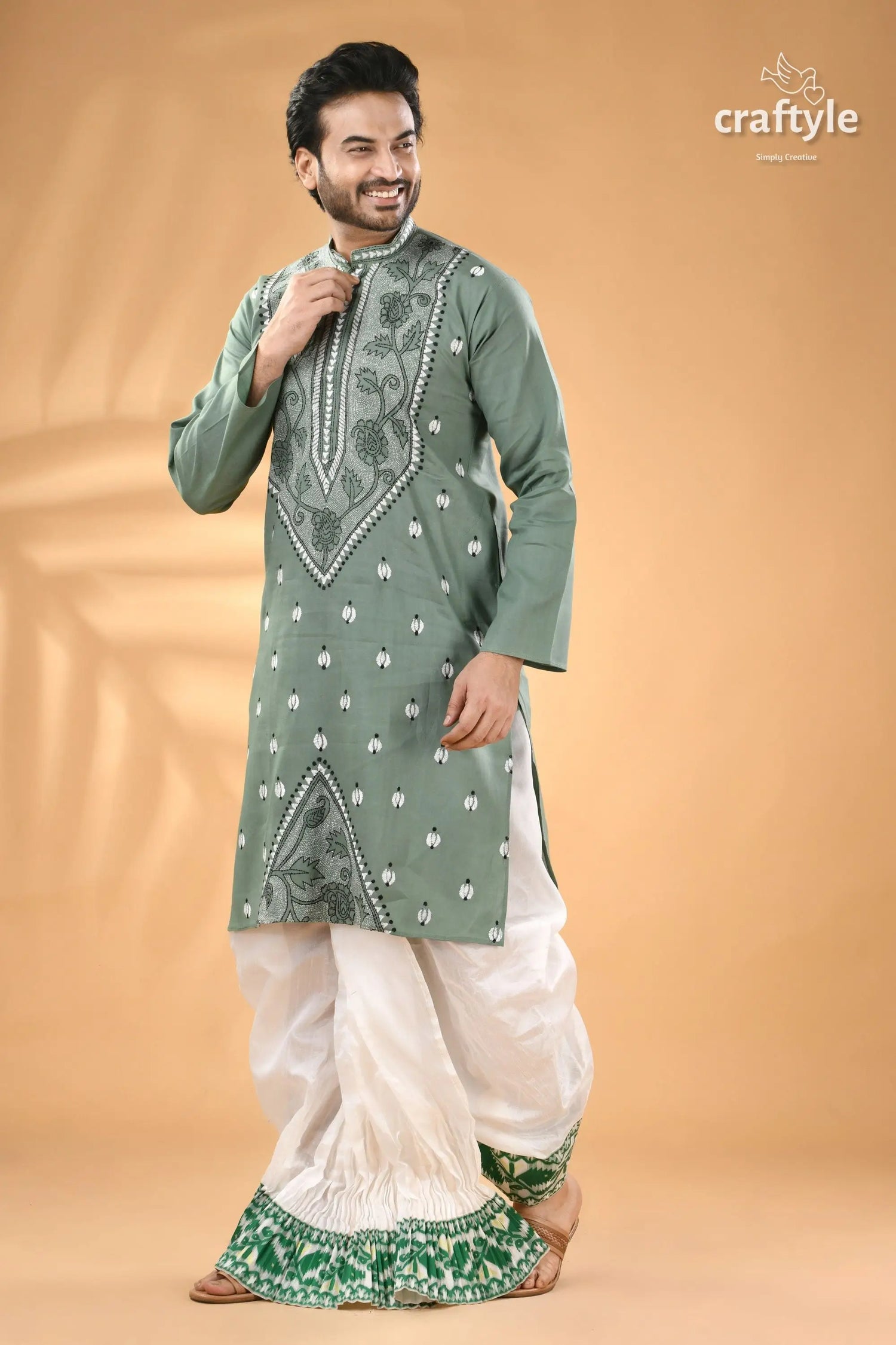 Shadow green hand kantha work cotton ethnic punjabi for men man’s light green embroidered kurta 4