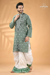 Shadow green hand kantha work cotton ethnic punjabi for men man’s light green embroidered kurta 4