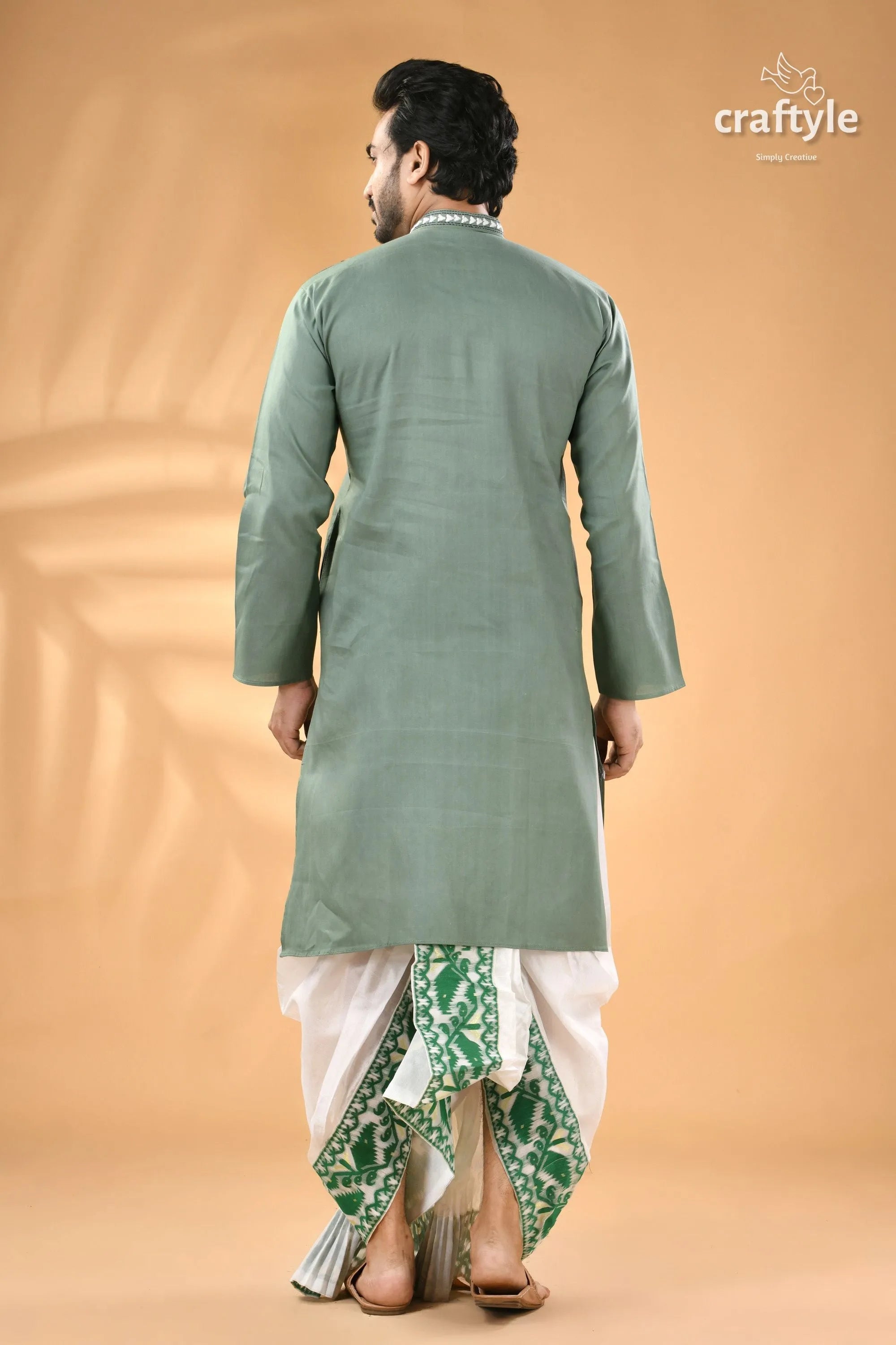 Shadow green hand kantha work cotton ethnic punjabi for men man sage kurta white 6