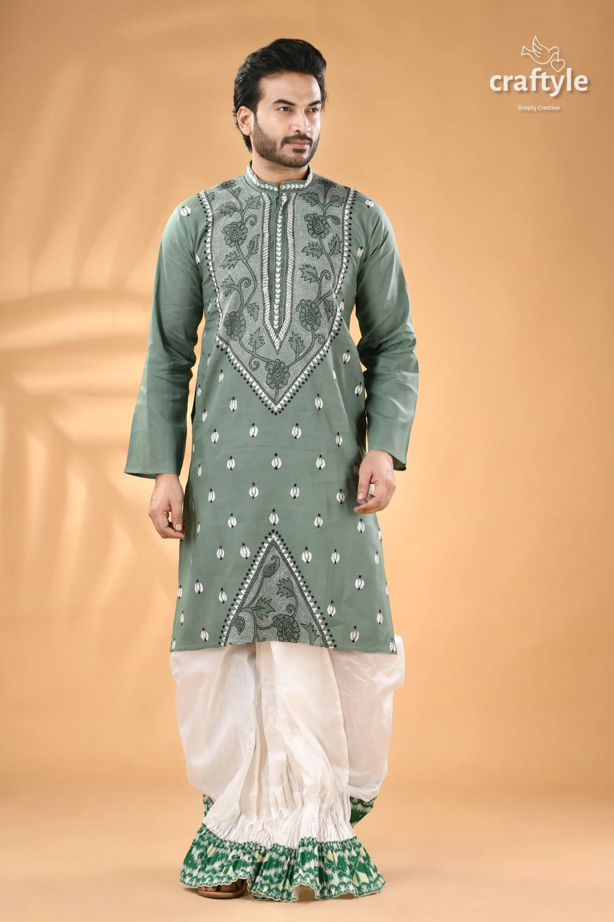 Shadow green hand kantha work cotton ethnic punjabi for men men’s sage embroidered kurta 5