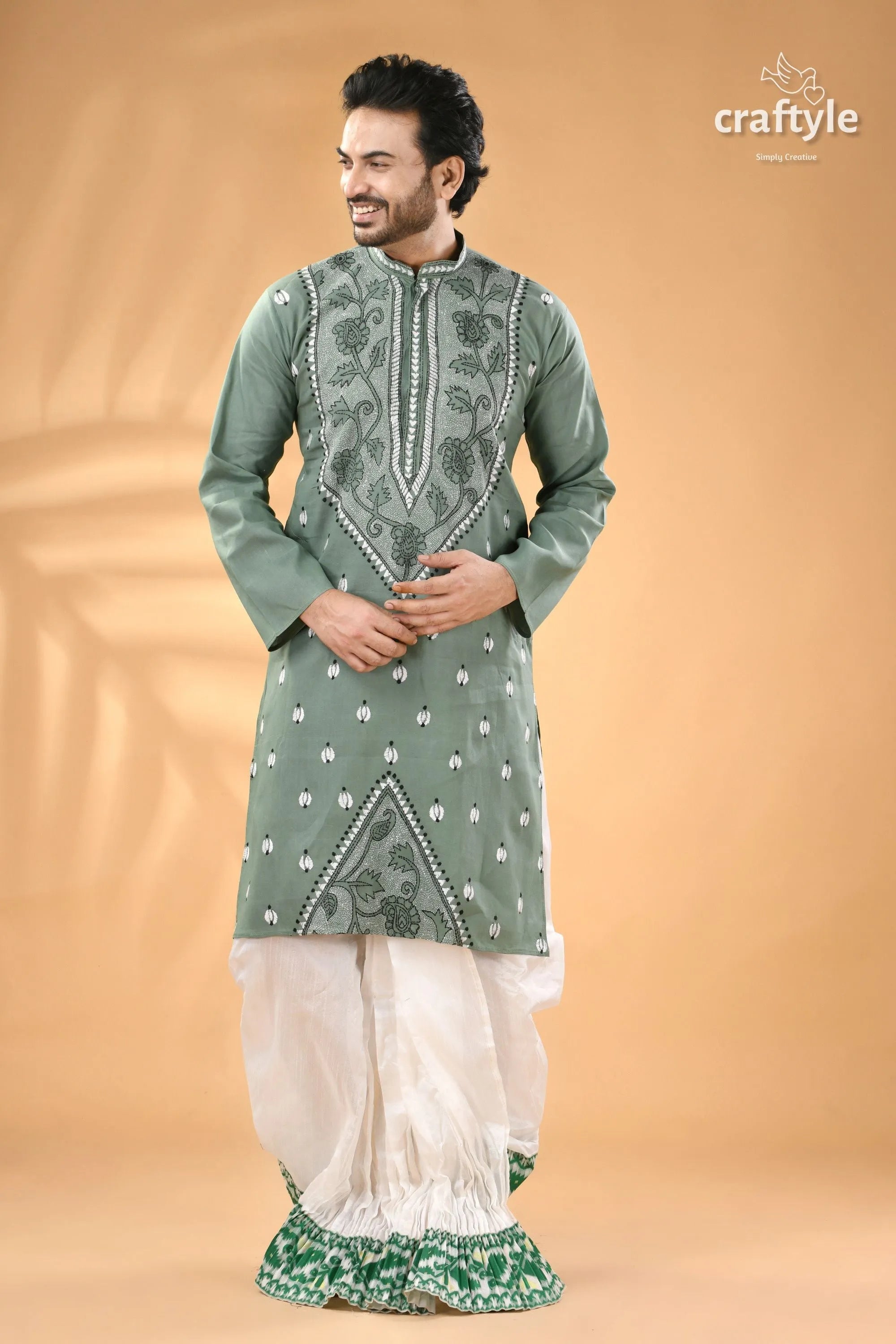 Shadow green hand kantha work cotton ethnic punjabi for men men’s light embroidered kurta 1