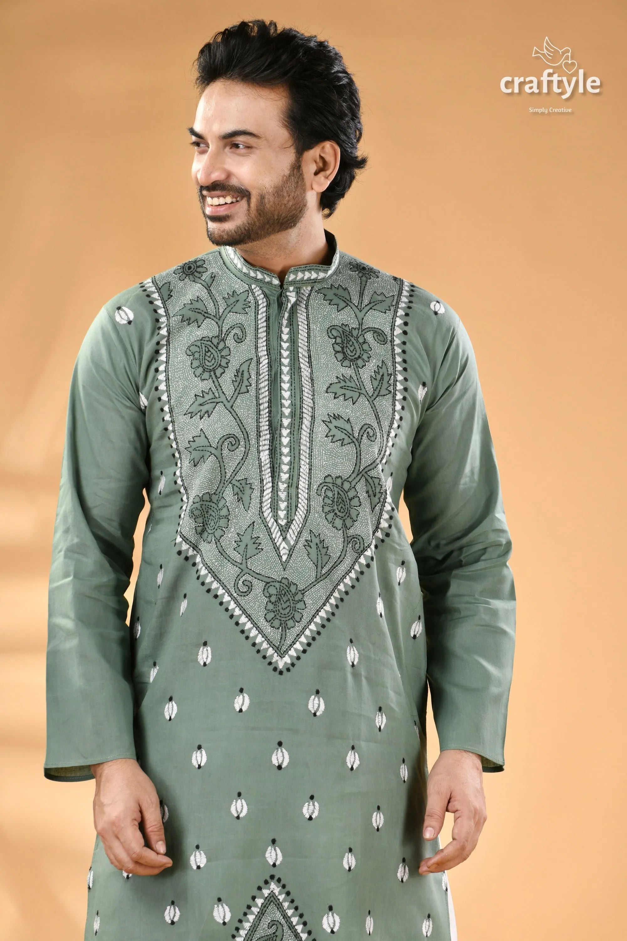Shadow green hand kantha work cotton ethnic punjabi for men men’s light olive 2