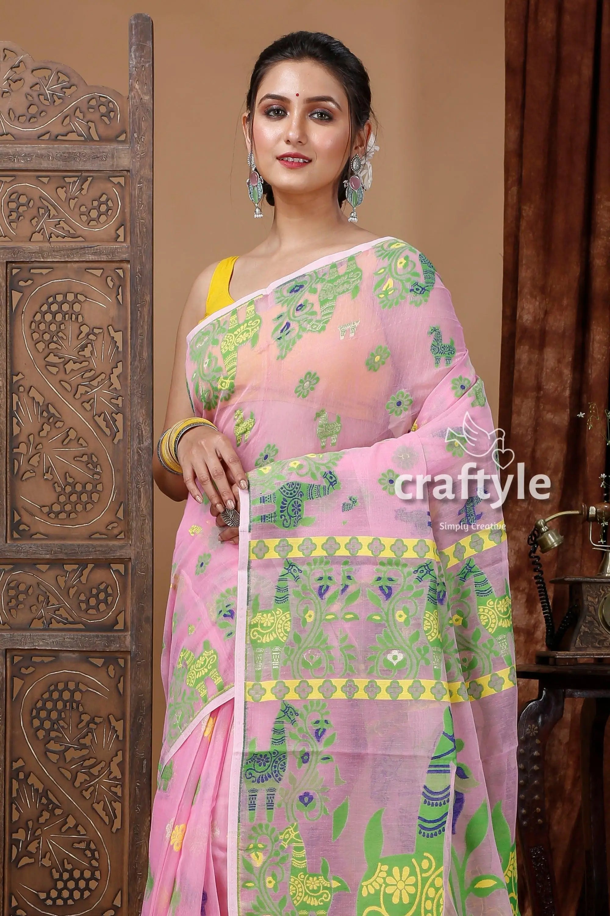 Shampoo pink soft dhakai jamdani saree pink cotton saree animal motifs 2