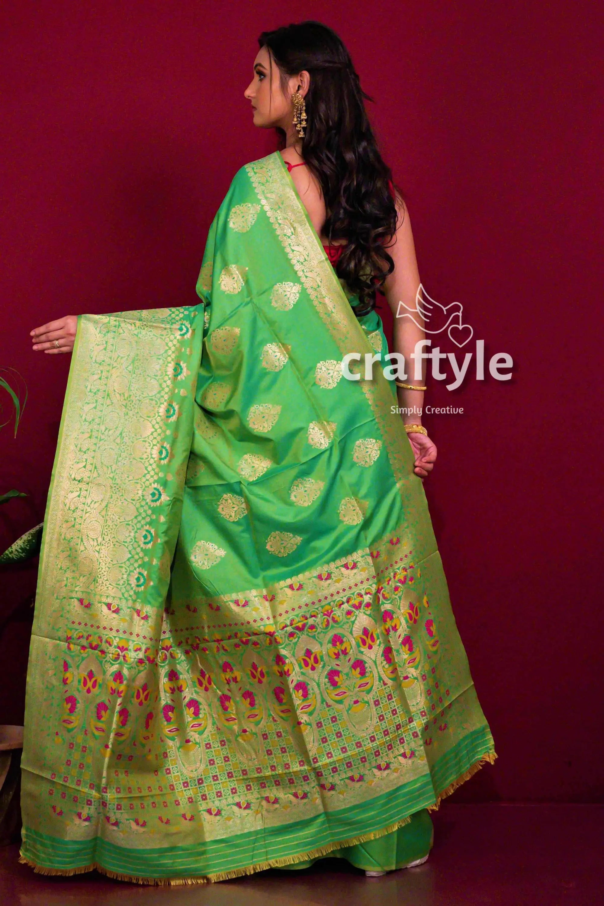 Shamrock green dual tone katan semi silk saree for women green silk saree gold accents 3