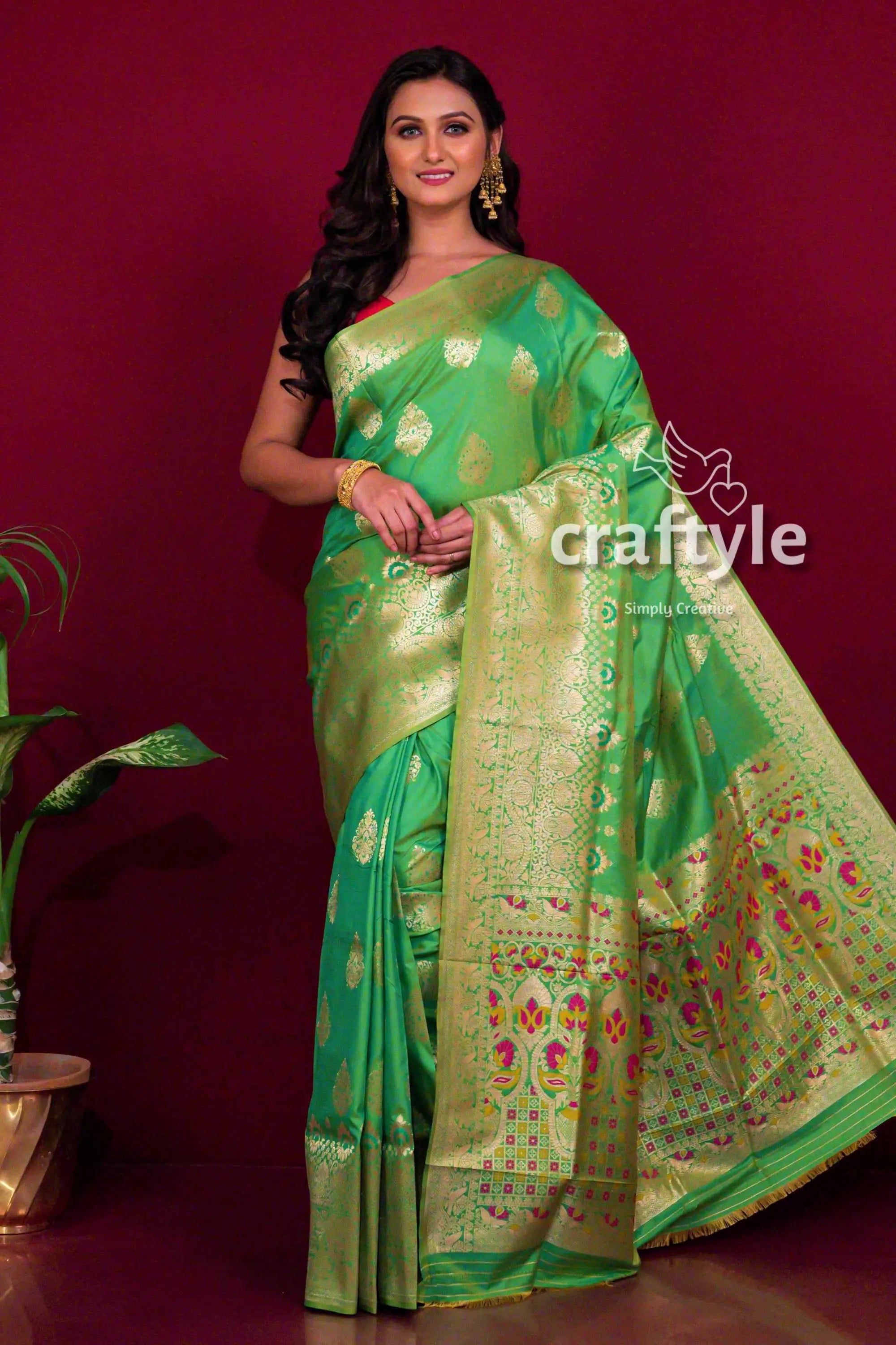 Shamrock green dual tone katan semi silk saree for women green silk saree gold border 1