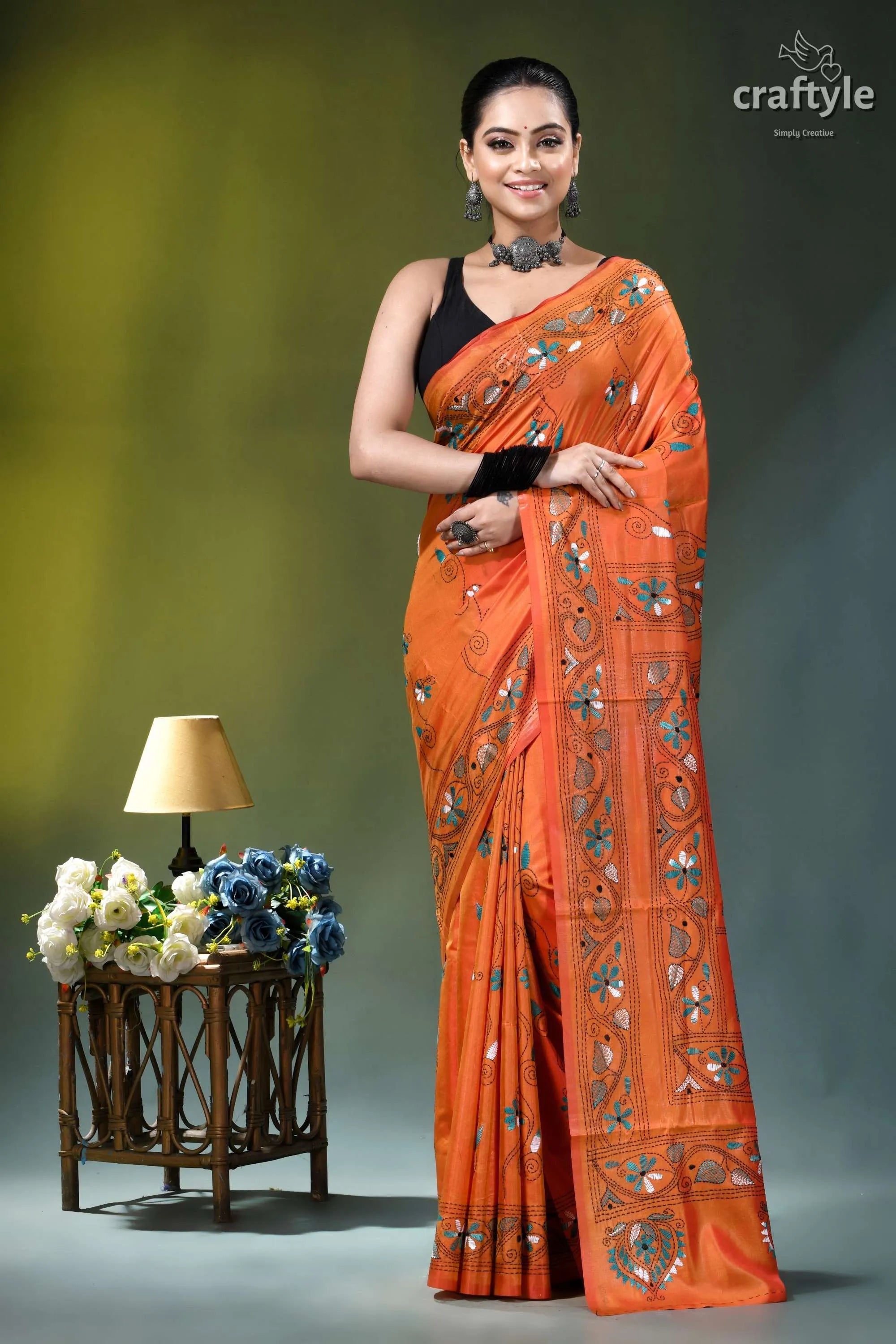 Shocking orange swan motif handcrafted silk kantha saree vibrant orange saree intricate silver 1