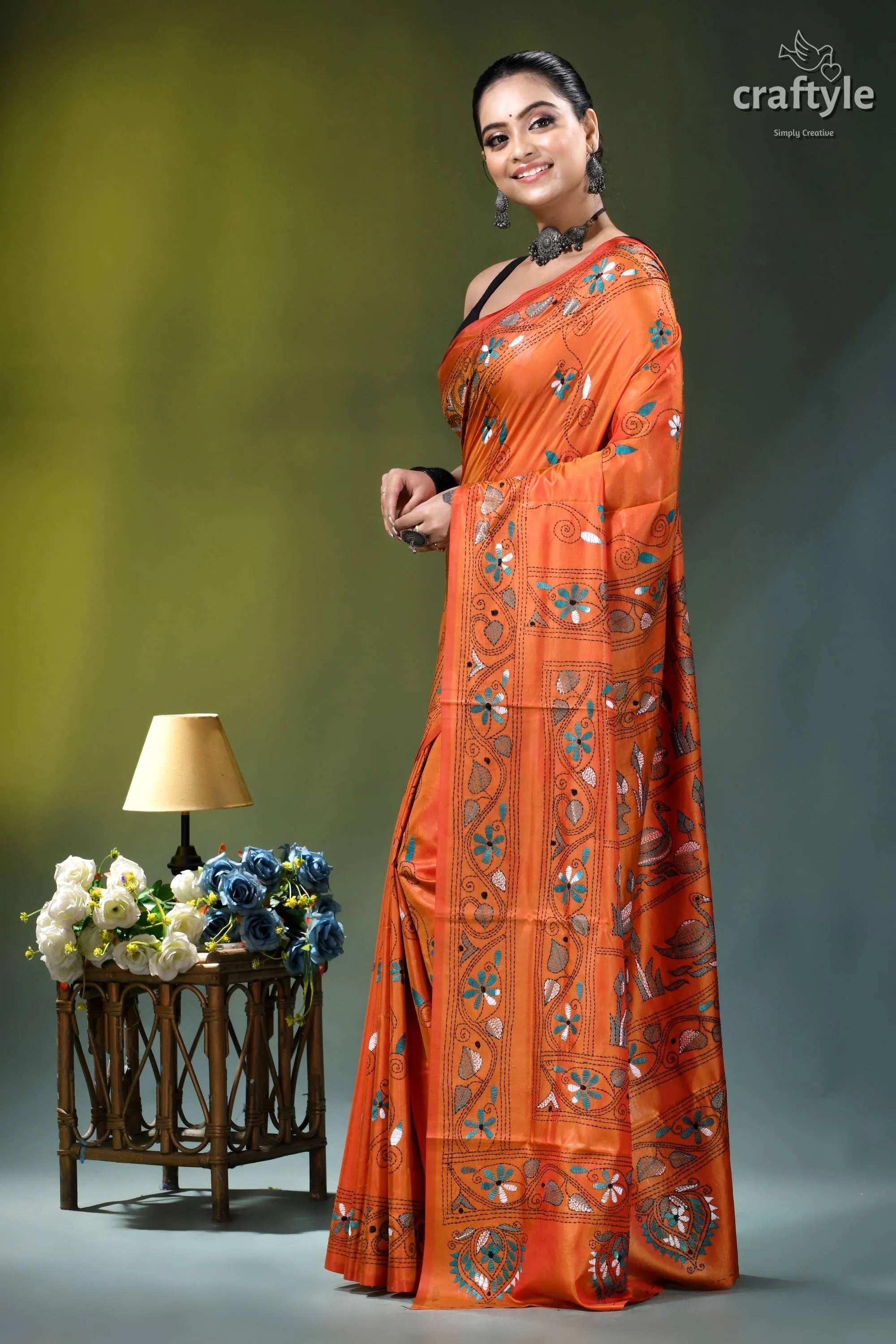 Shocking orange swan motif handcrafted silk kantha saree vibrant orange saree intricate silver 3