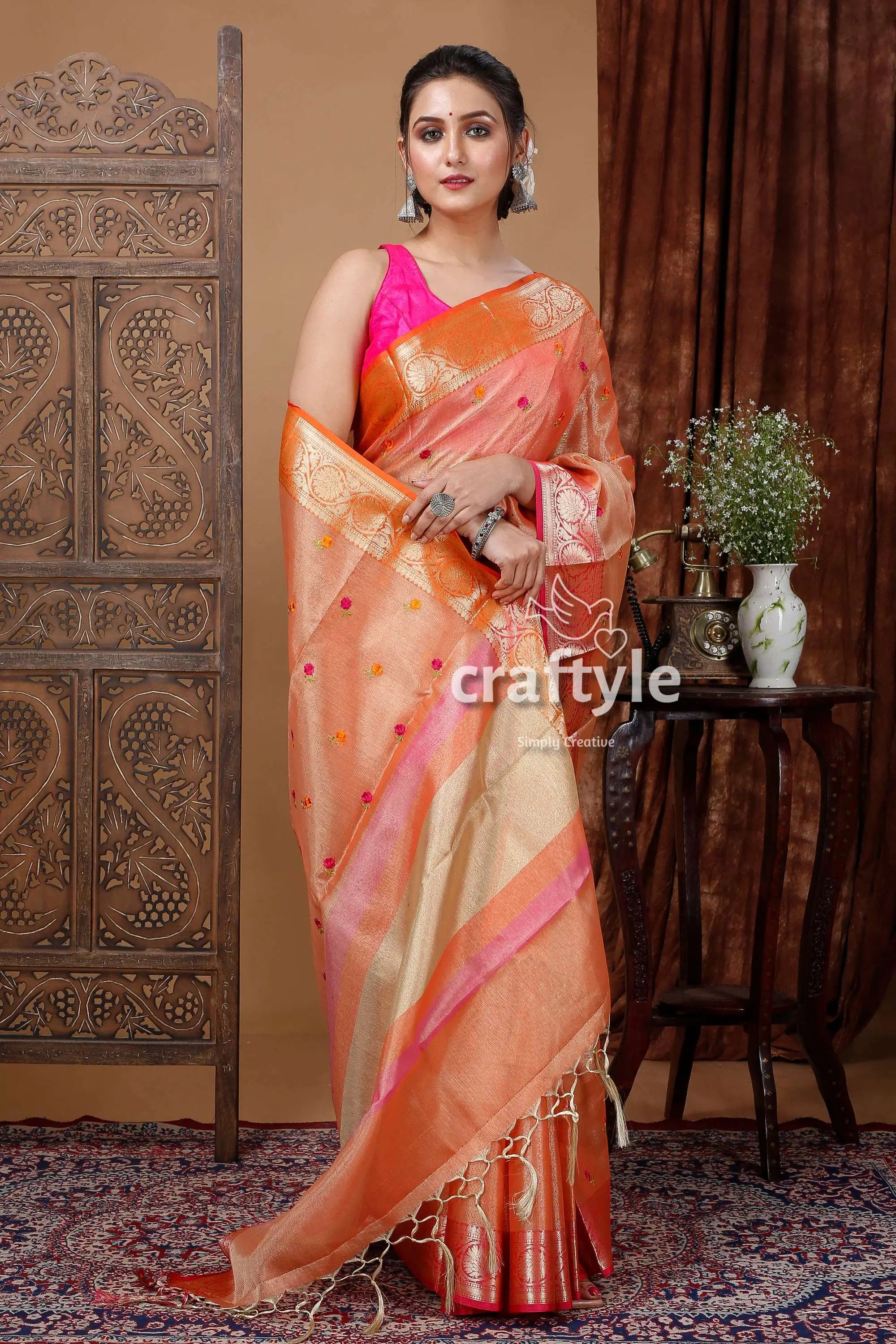 Signal orange tissue silk organza saree woman orange pink saree 5