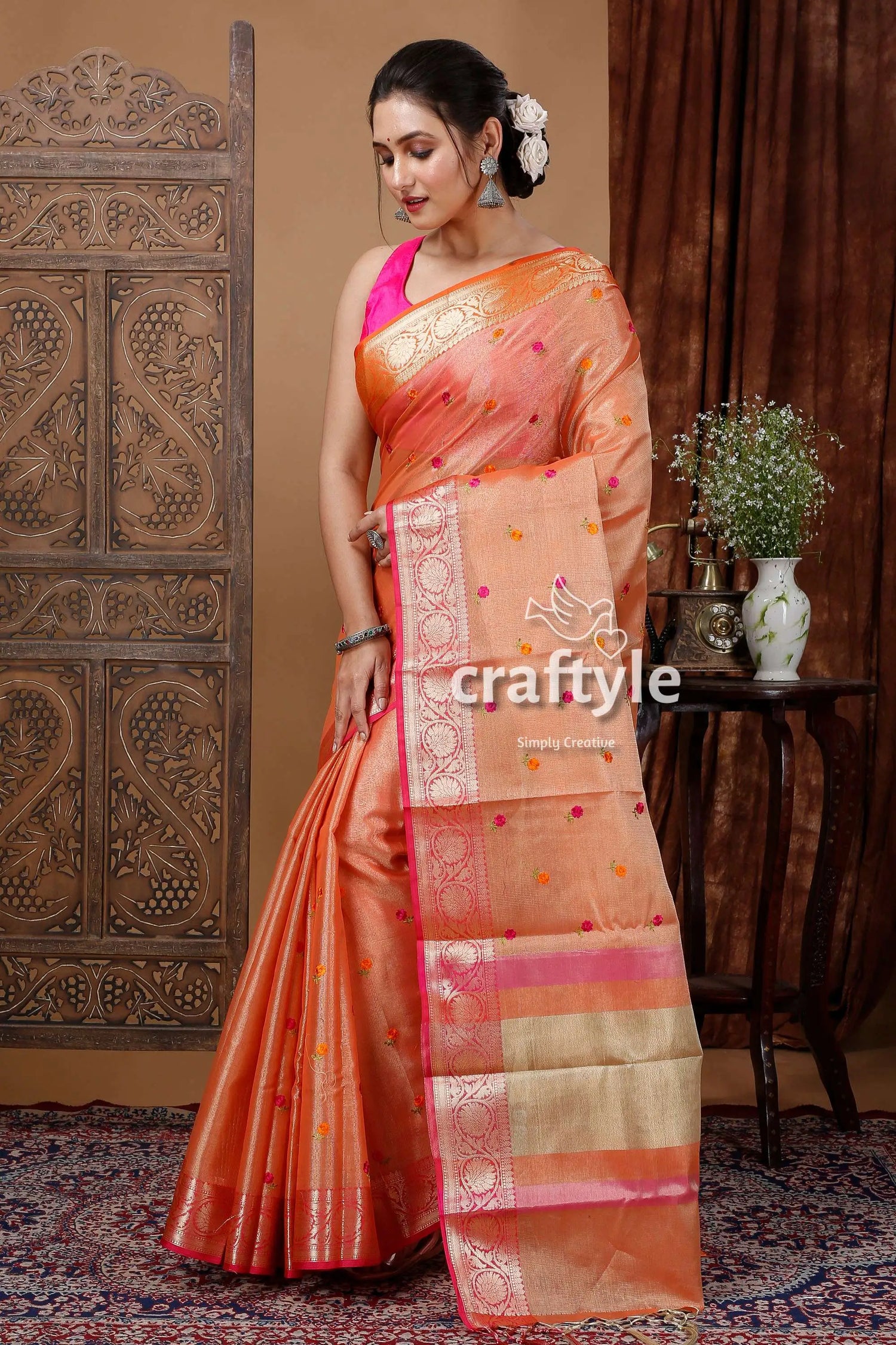 Signal orange tissue silk organza saree peach-colored saree pink accents 3
