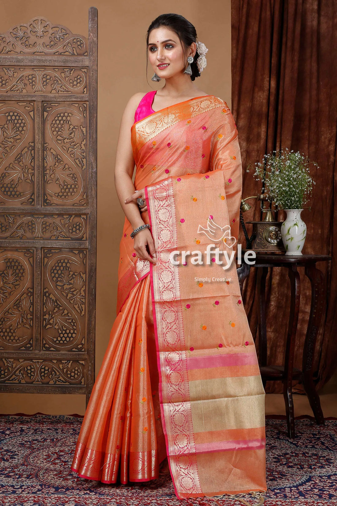 Signal orange tissue silk organza saree peach-colored gold accents 1