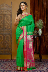 Silk bomkai saree in parrot green with zari border - perfect party wear green saree pink gold border 1