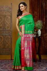 Silk bomkai saree in parrot green with zari border - perfect party wear green pink silk saree 3