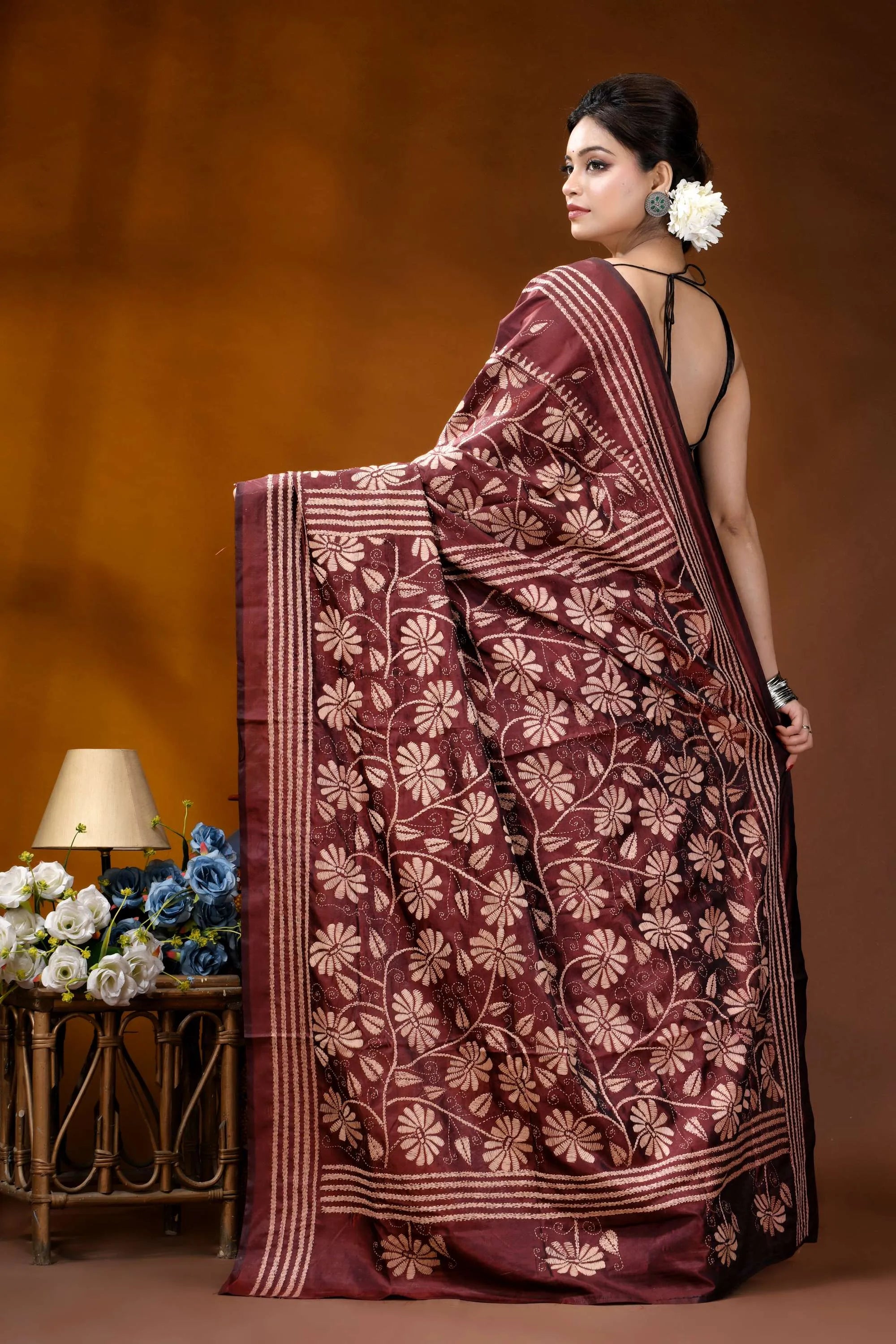 Silk kantha saree in persian plum with handcrafted vanilla floral motif maroon silk saree intricate white 5
