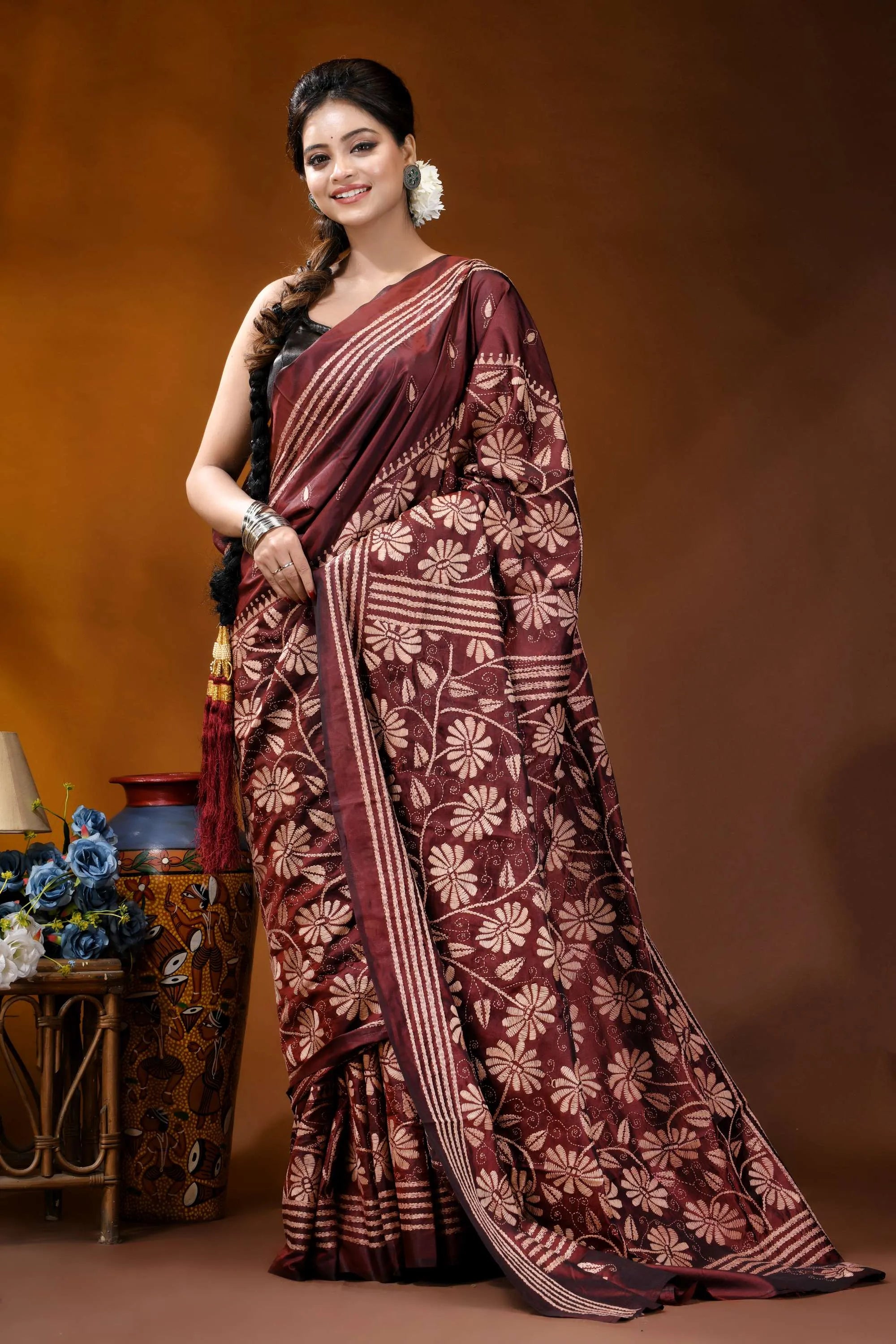 Silk kantha saree in persian plum with handcrafted vanilla floral motif maroon silk saree intricate white 4