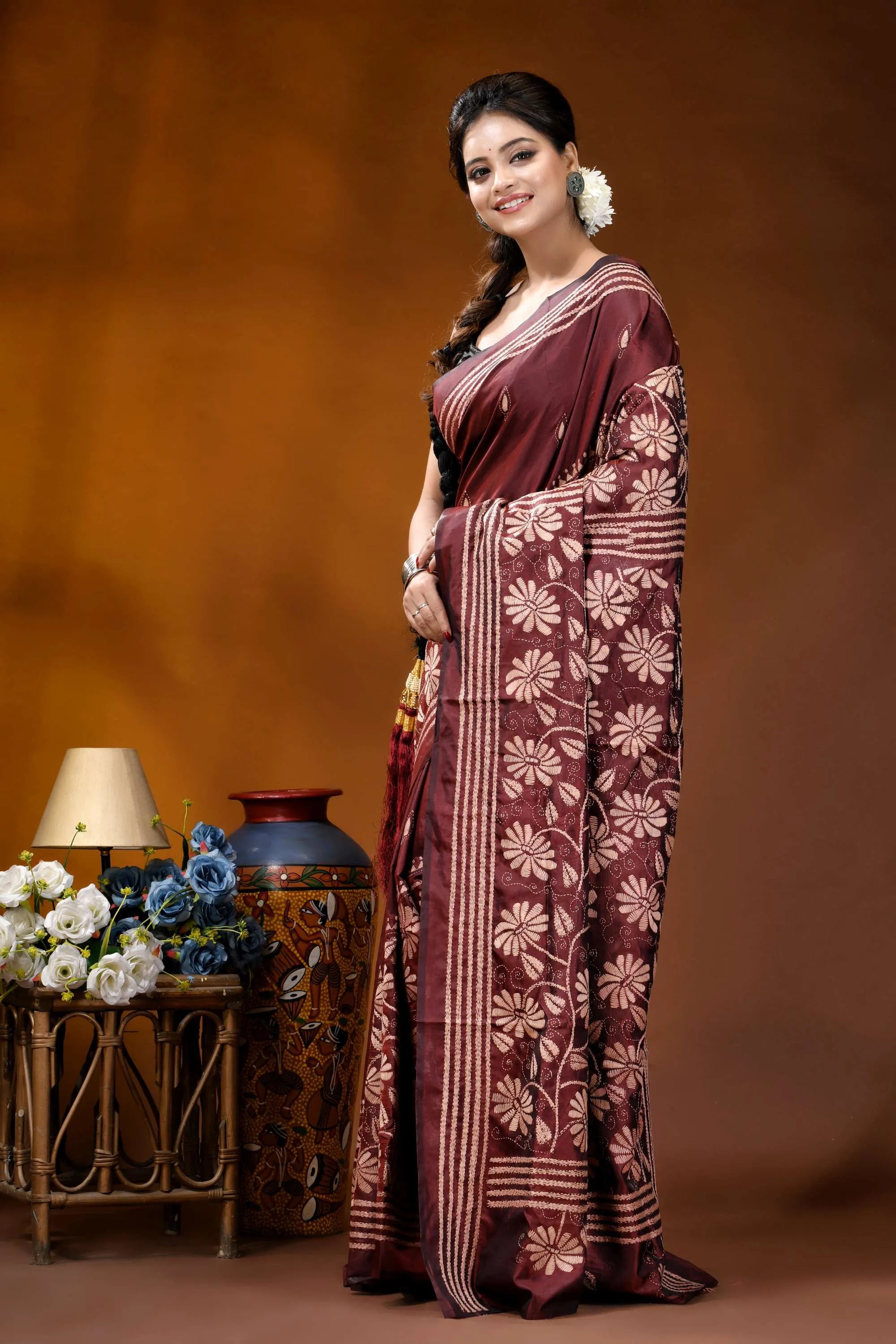 Silk kantha saree in persian plum with handcrafted vanilla floral motif maroon saree intricate white floral 3