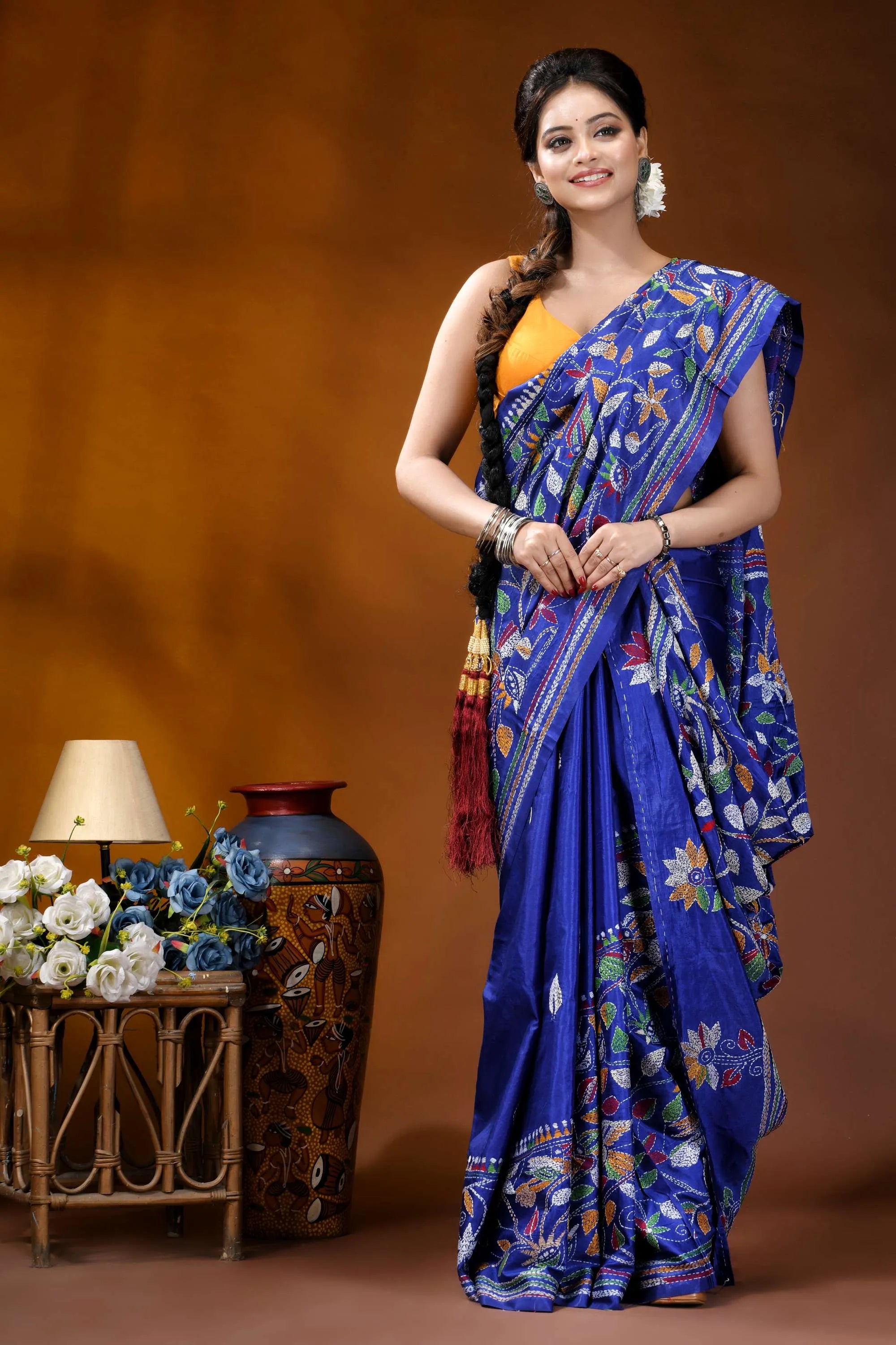 Silk kantha saree in royal blue with handmade multicolor floral design vibrant royal blue saree intricate 2