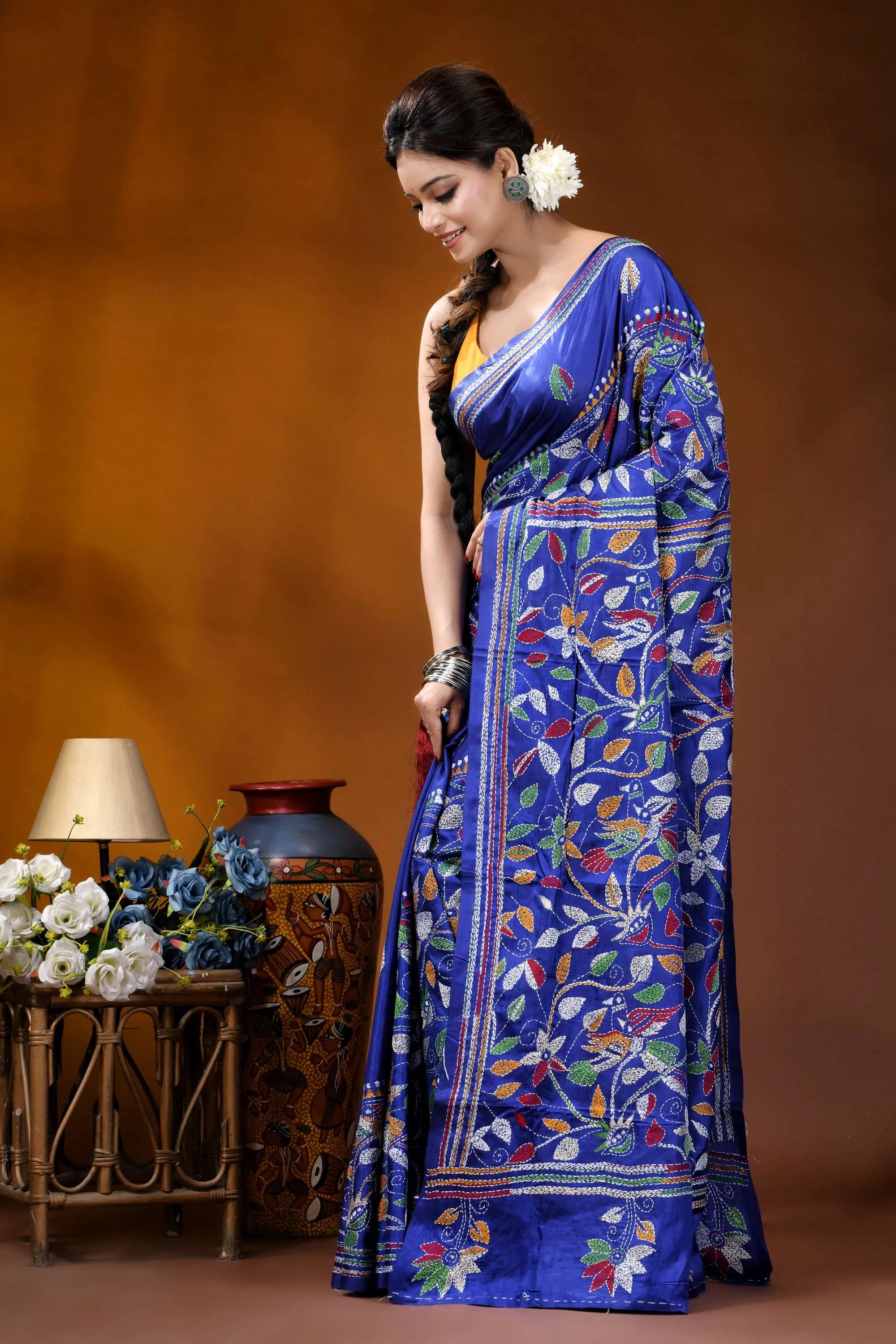 Silk kantha saree in royal blue with handmade multicolor floral design vibrant royal blue silk saree 4