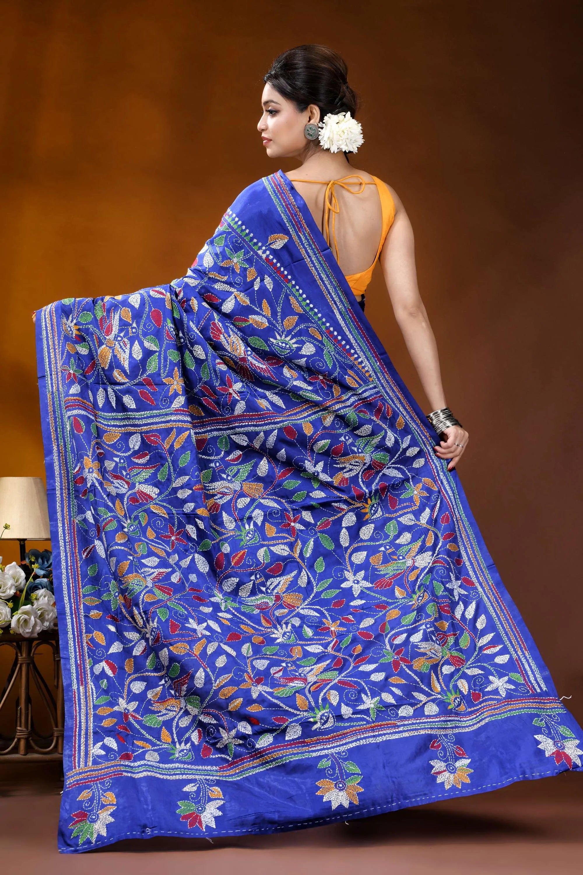 Silk kantha saree in royal blue with handmade multicolor floral design vibrant royal blue banarasi saree 5