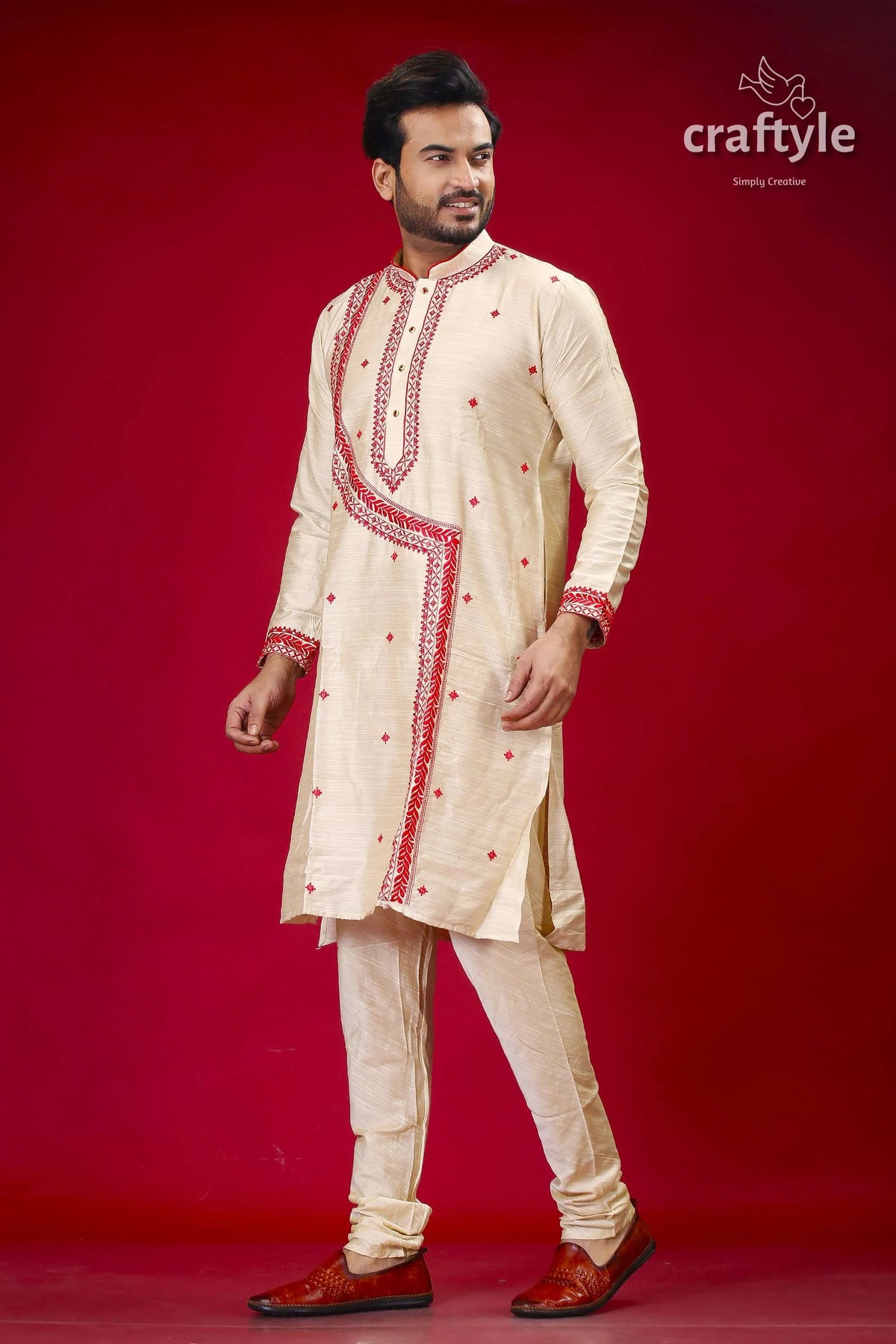Silk kurta for men in beige and red with intricate embroidery design embroidered cream-colored pajama set 3