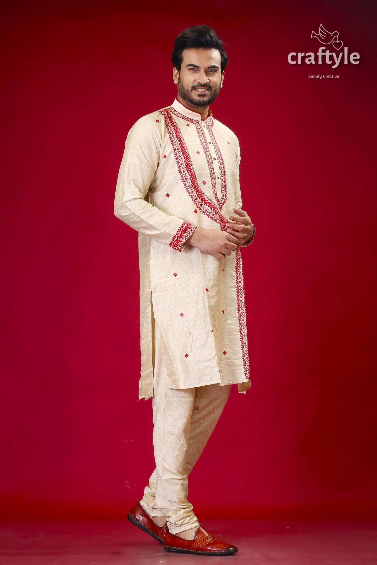 Silk kurta for men in beige and red with intricate embroidery design cream-colored embroidered pajama set 4
