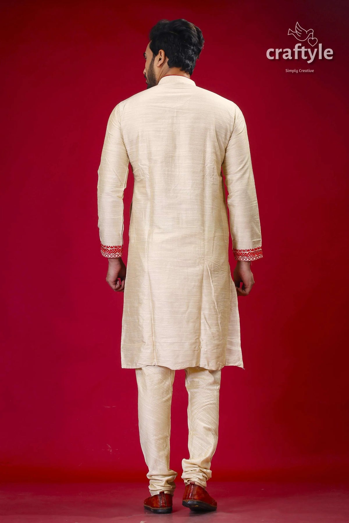 Silk kurta for men in beige and red with intricate embroidery design man cream-colored pajama 5