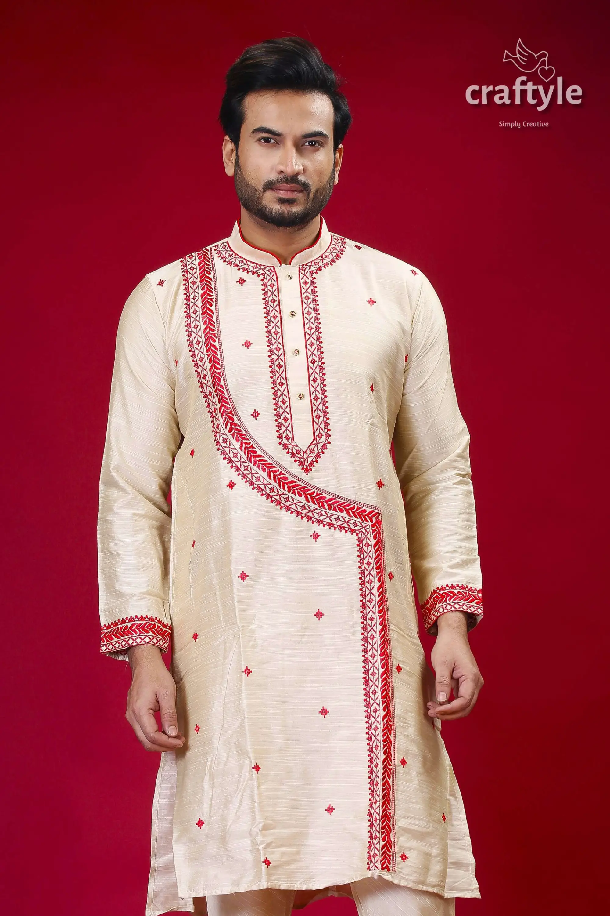 Silk kurta for men in beige and red with intricate embroidery design cream colored kurta red embroidery 2