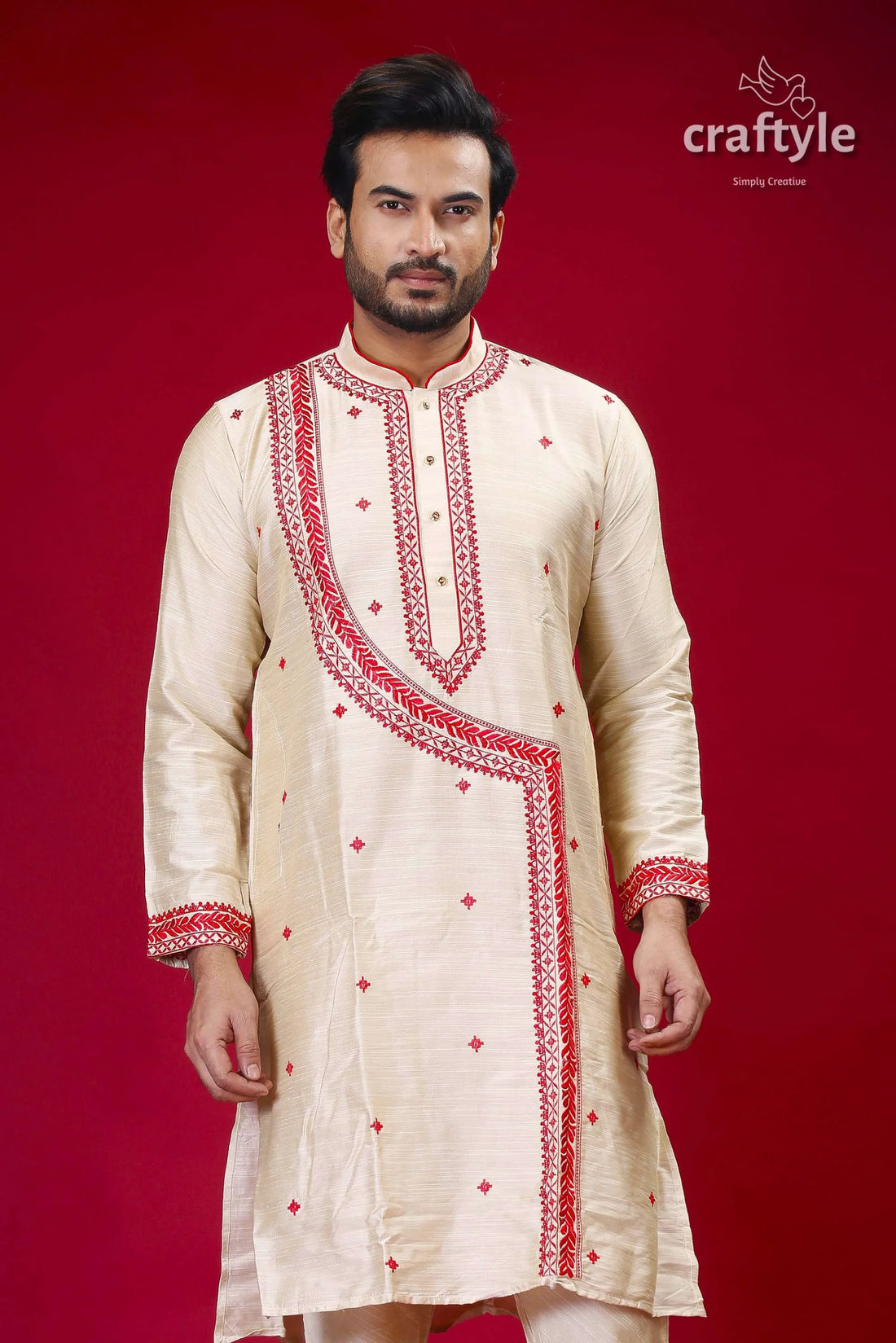 Silk kurta for men in beige and red with intricate embroidery design cream-colored 2