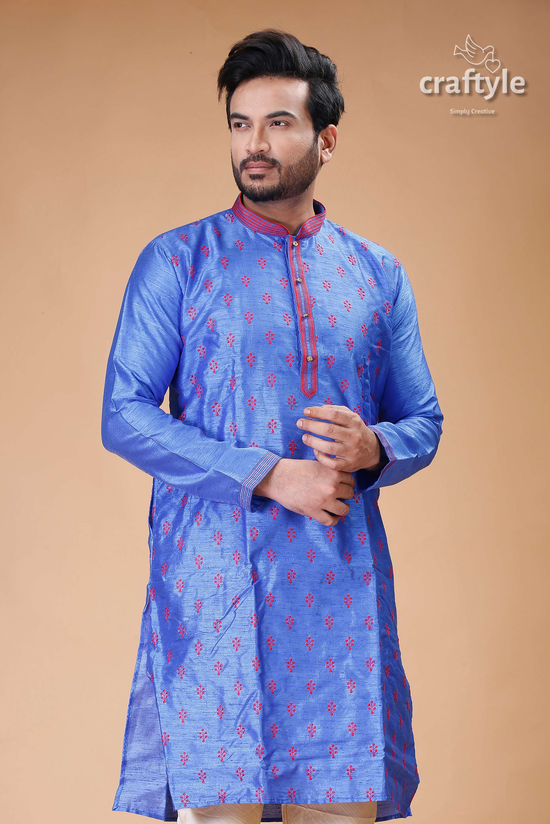 Silk Mens Kurta with Royal Blue and Red Embroidery Design - Craftyle