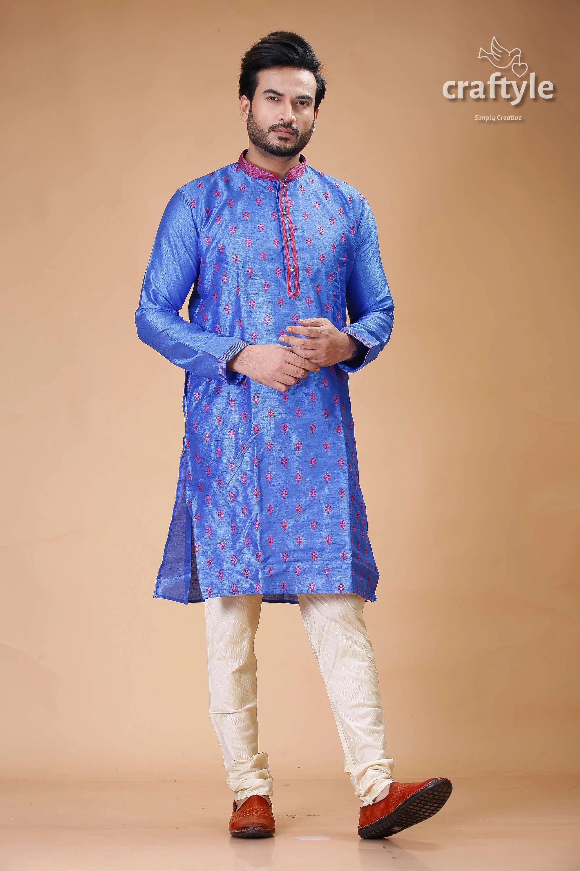 Silk mens kurta with royal blue and red embroidery design man white pants 6