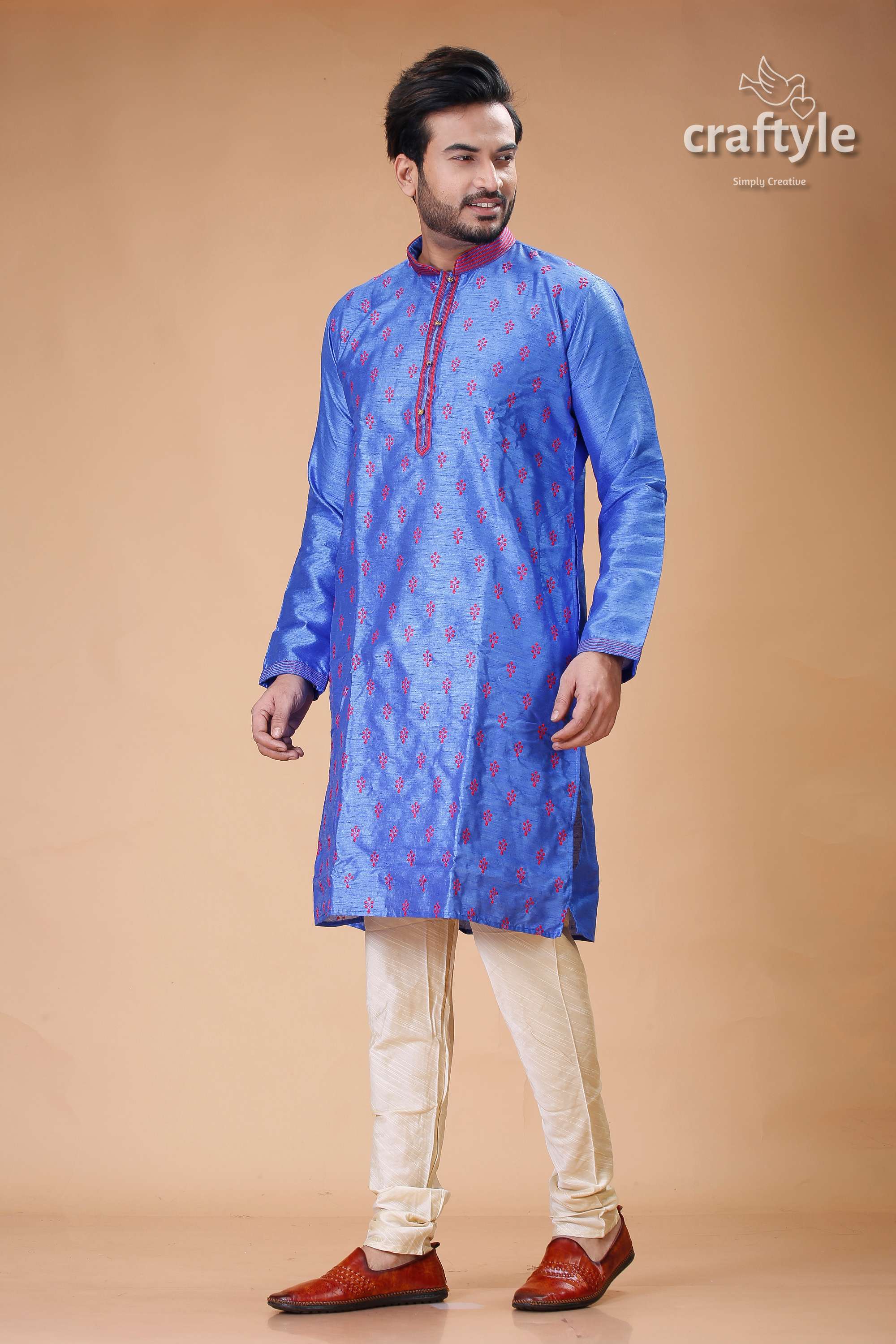 Silk Mens Kurta with Royal Blue and Red Embroidery Design - Craftyle