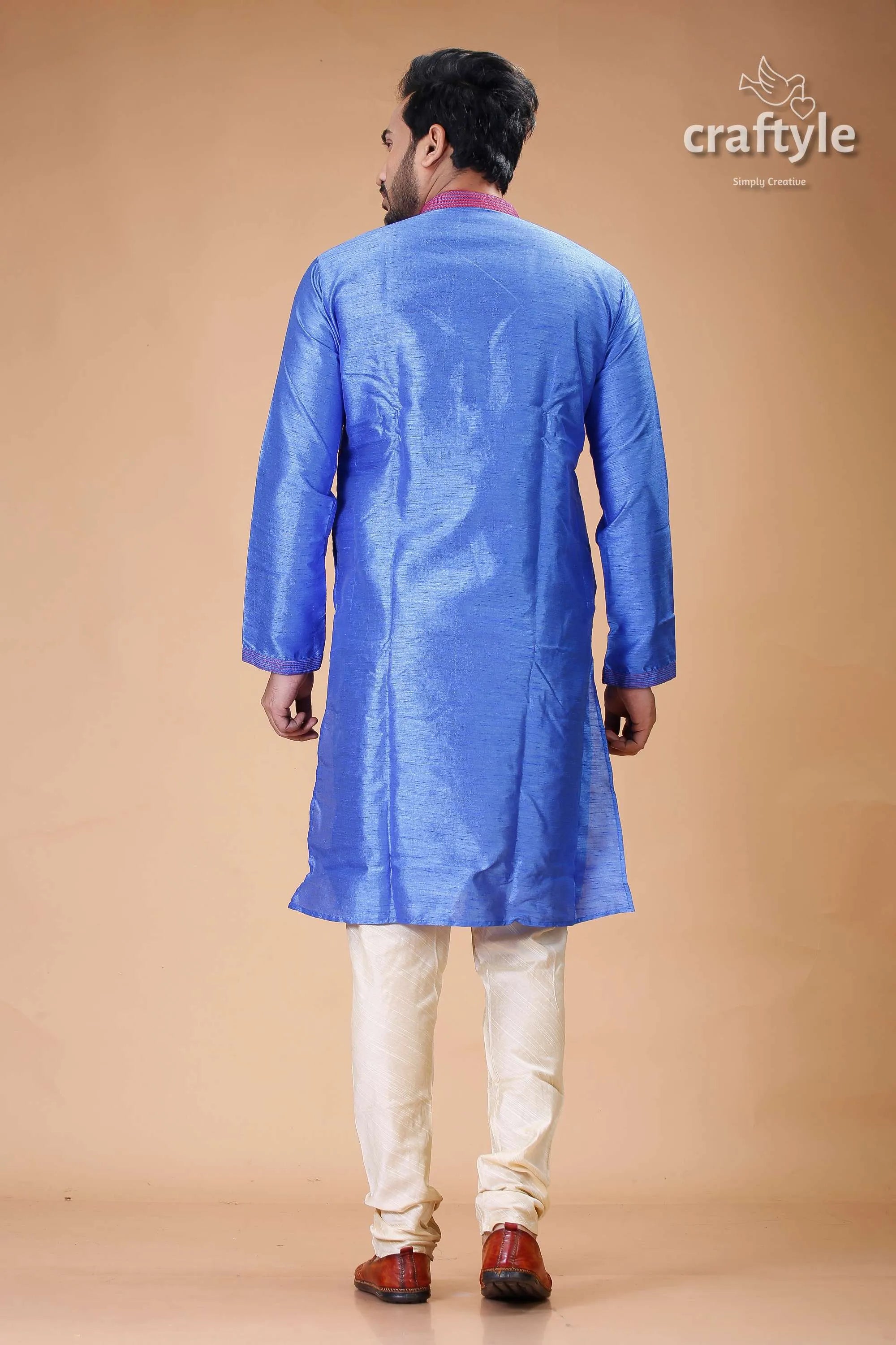 Silk mens kurta with royal blue and red embroidery design pajama set 5