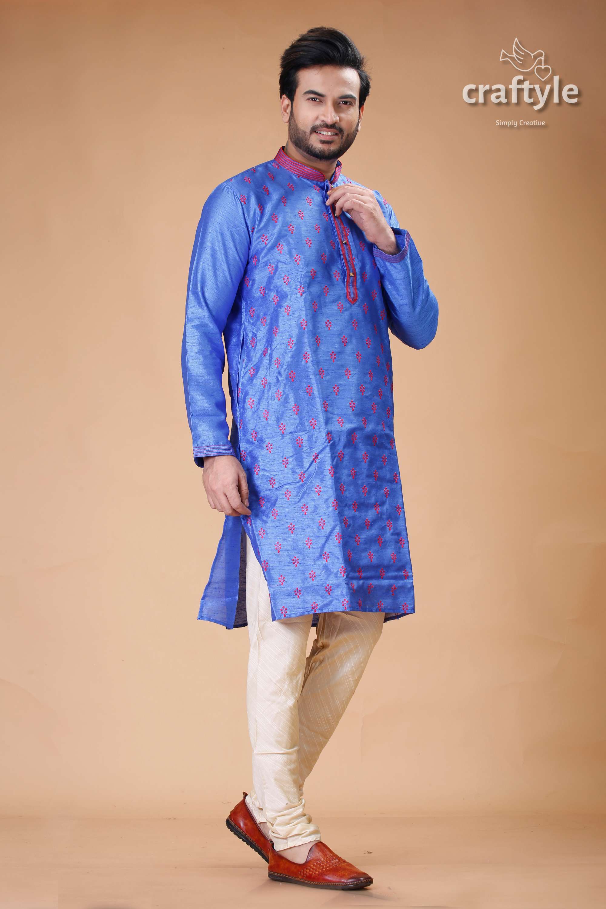 Silk Mens Kurta with Royal Blue and Red Embroidery Design - Craftyle