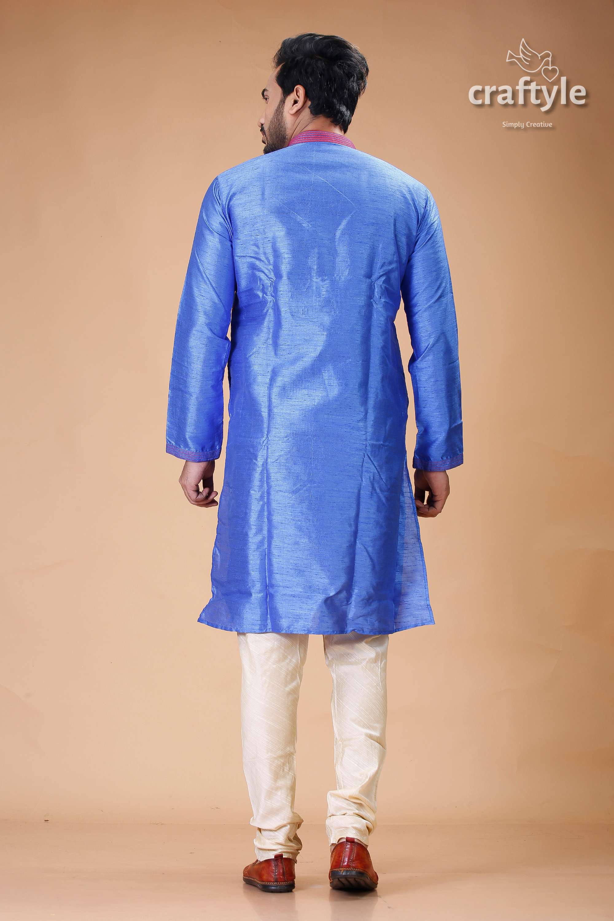 Silk Mens Kurta with Royal Blue and Red Embroidery Design - Craftyle