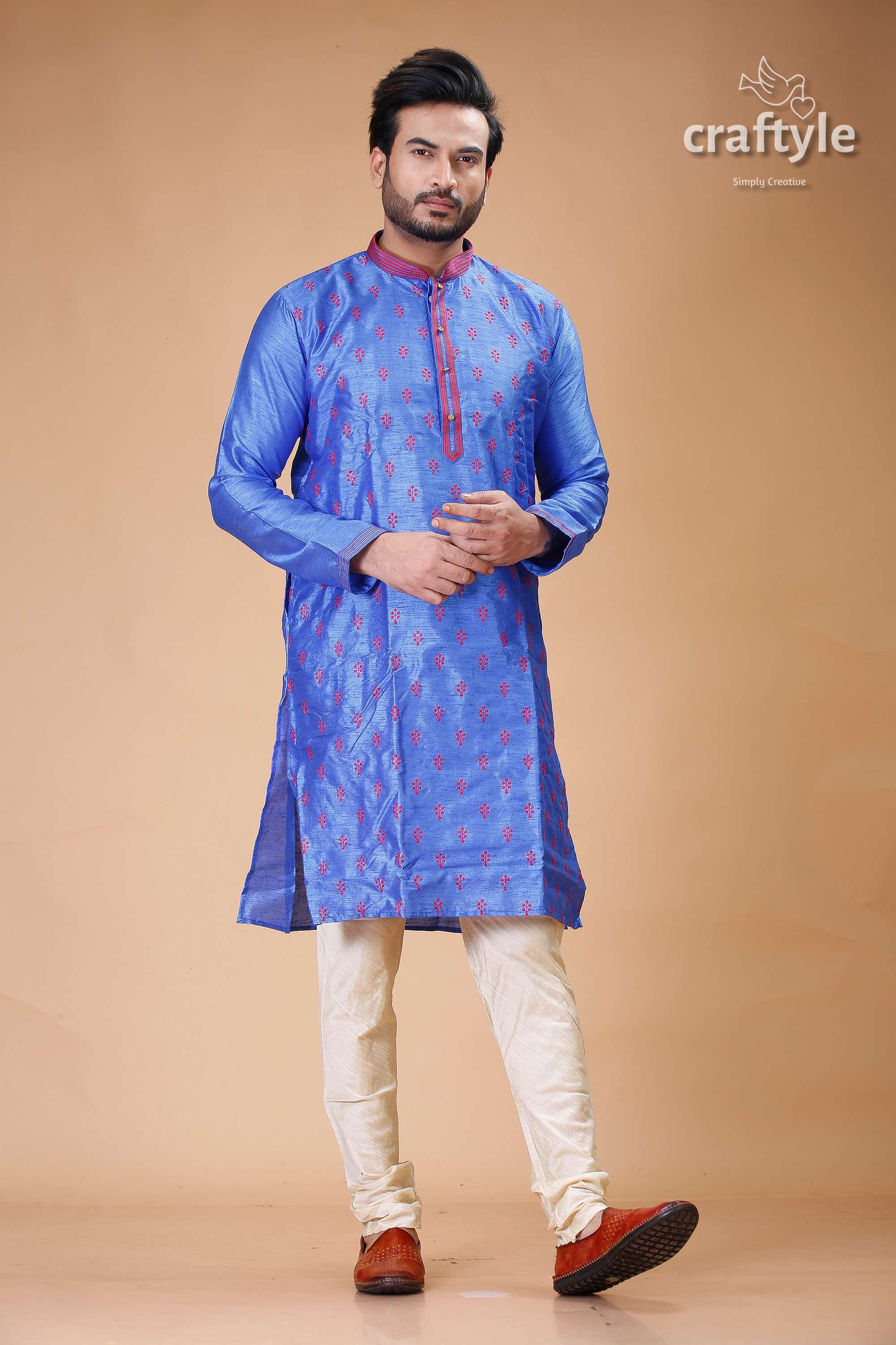 Silk Mens Kurta with Royal Blue and Red Embroidery Design - Craftyle