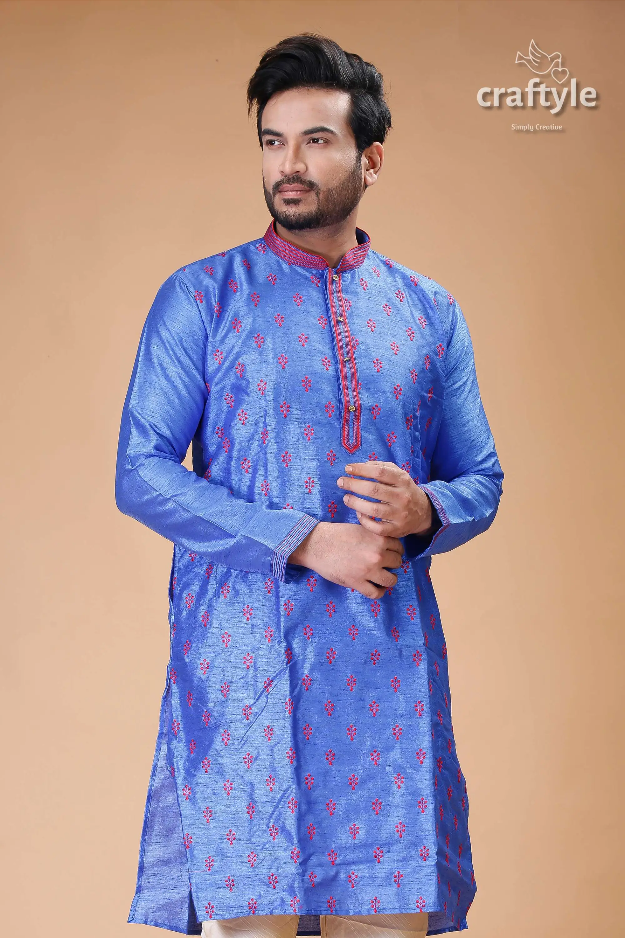 Silk mens kurta with royal blue and red embroidery design blue embroidered kurta 2