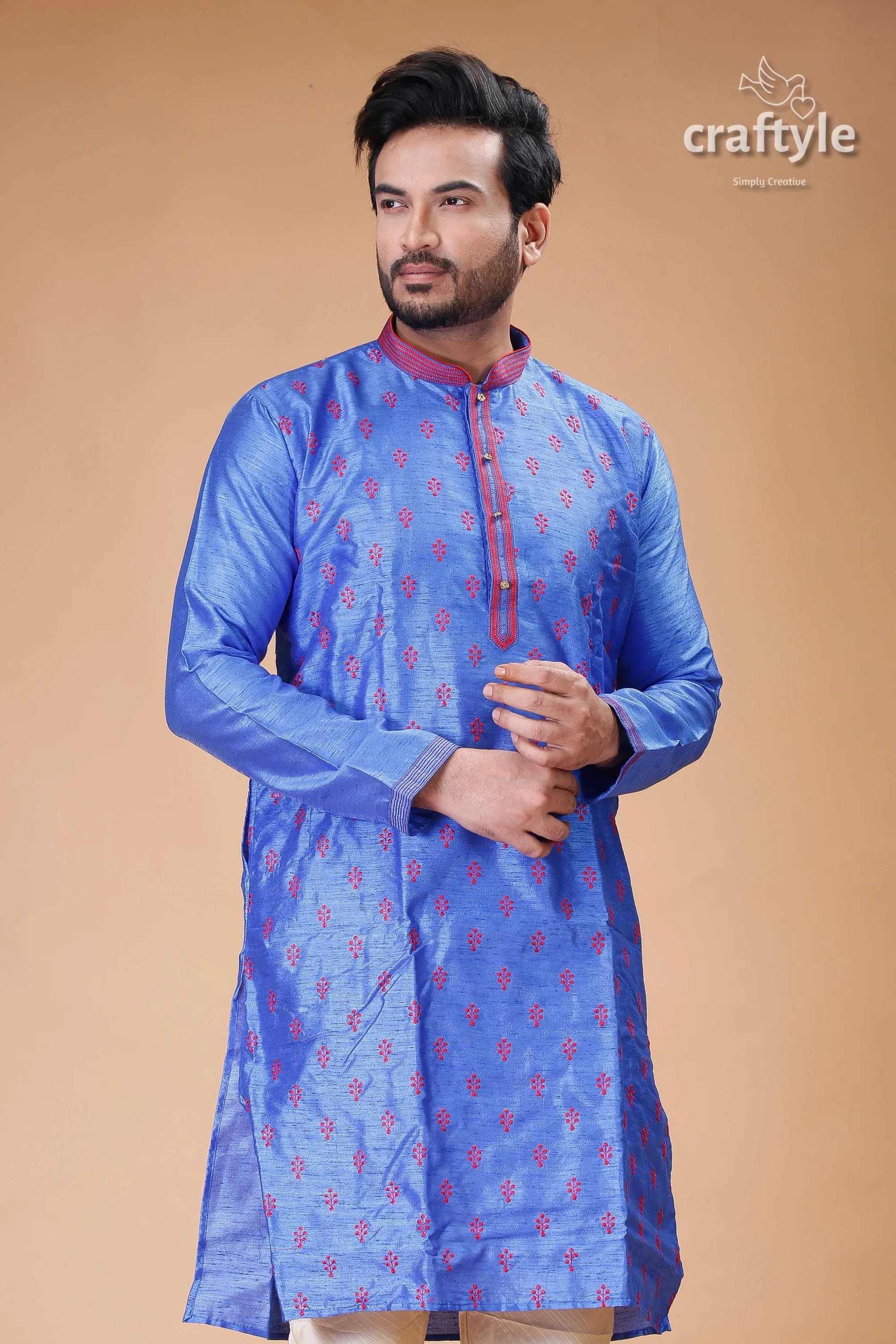 Silk mens kurta with royal blue and red embroidery design embroidered 2