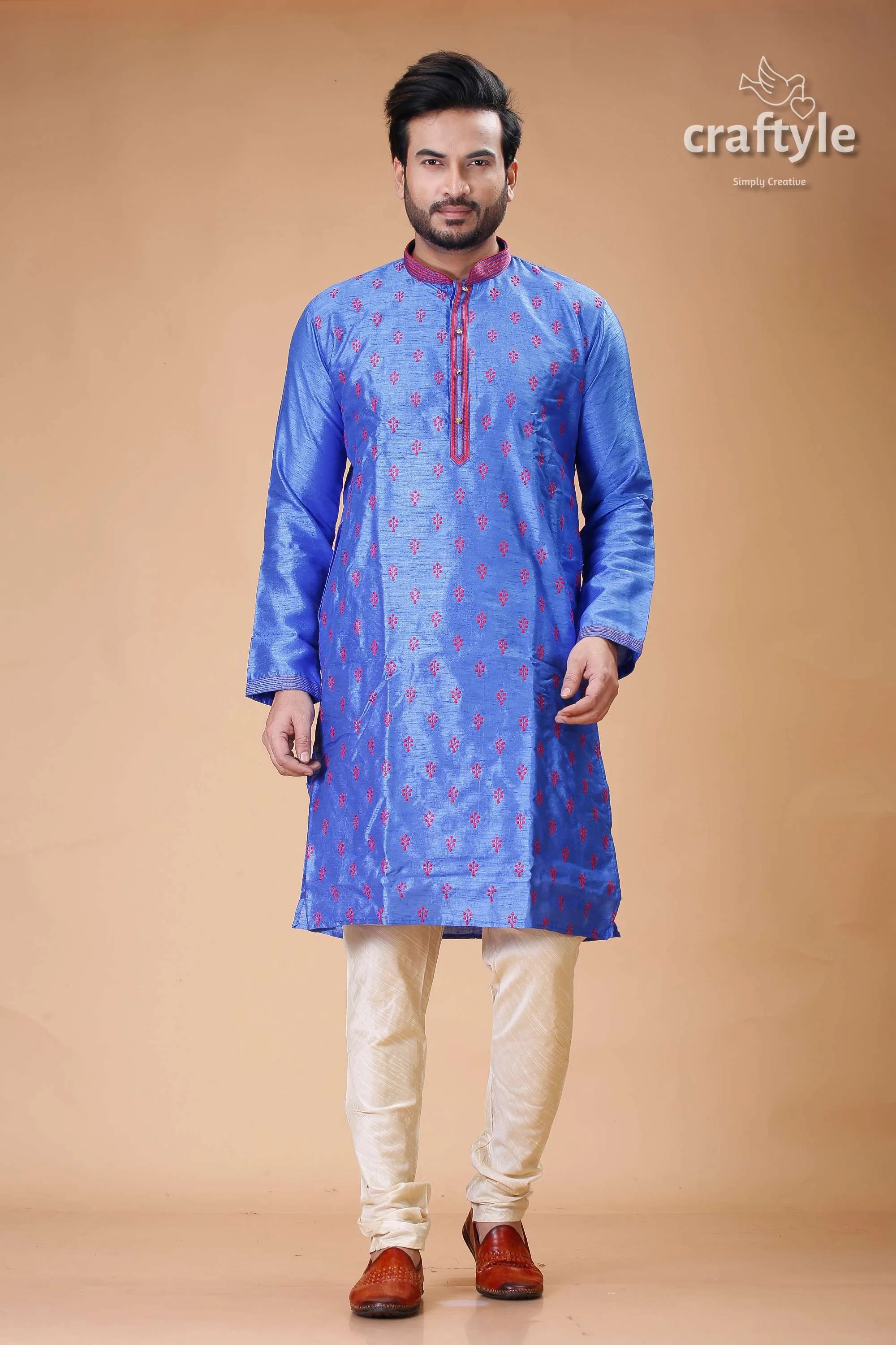 Silk mens kurta with royal blue and red embroidery design pajama set 1