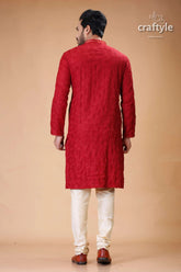 Silk panjabi for men with dark scarlet self embroidery design red embroidered kurta pajama set 5