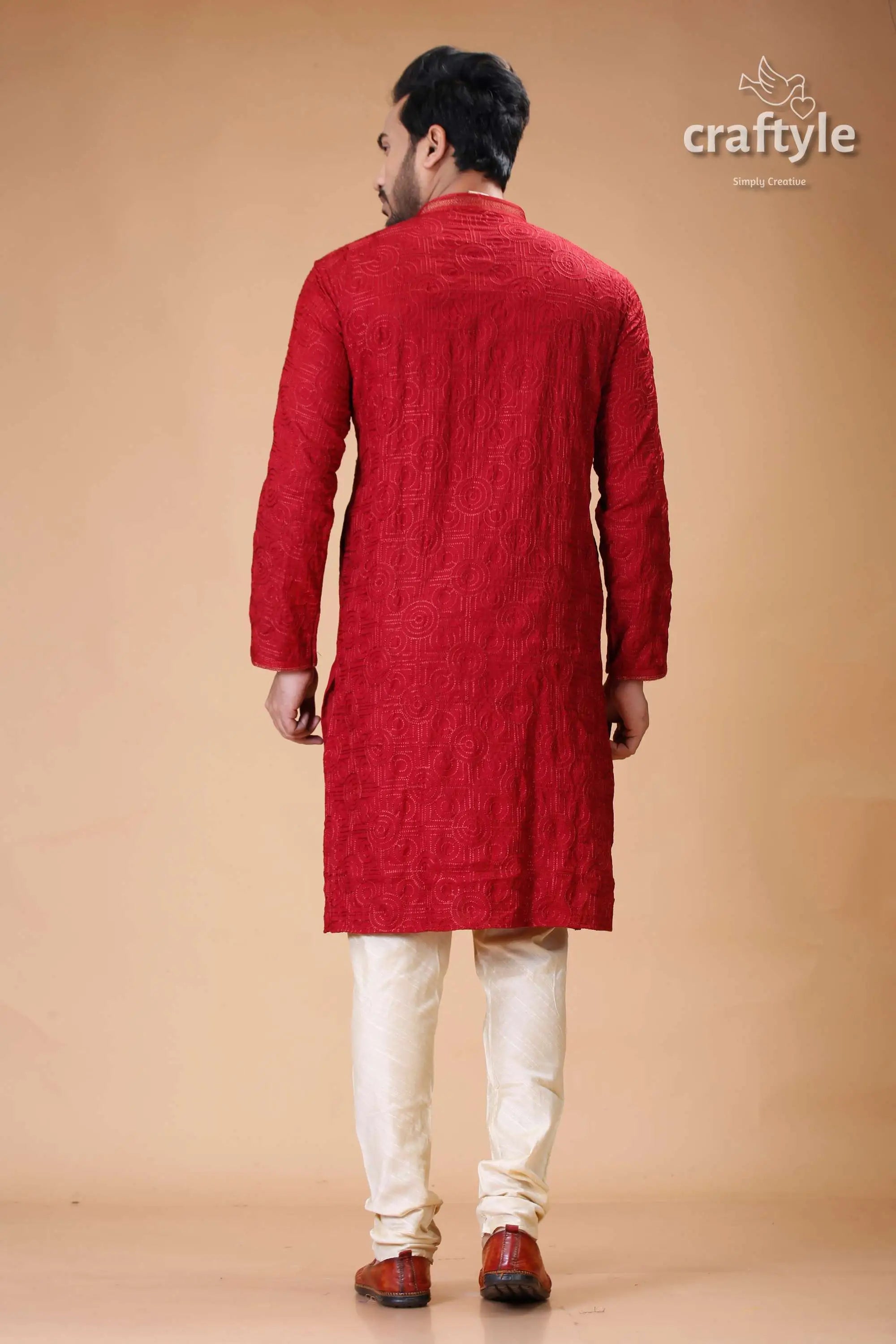 Silk panjabi for men with dark scarlet self-embroidery design red embroidered kurta pajama set 5