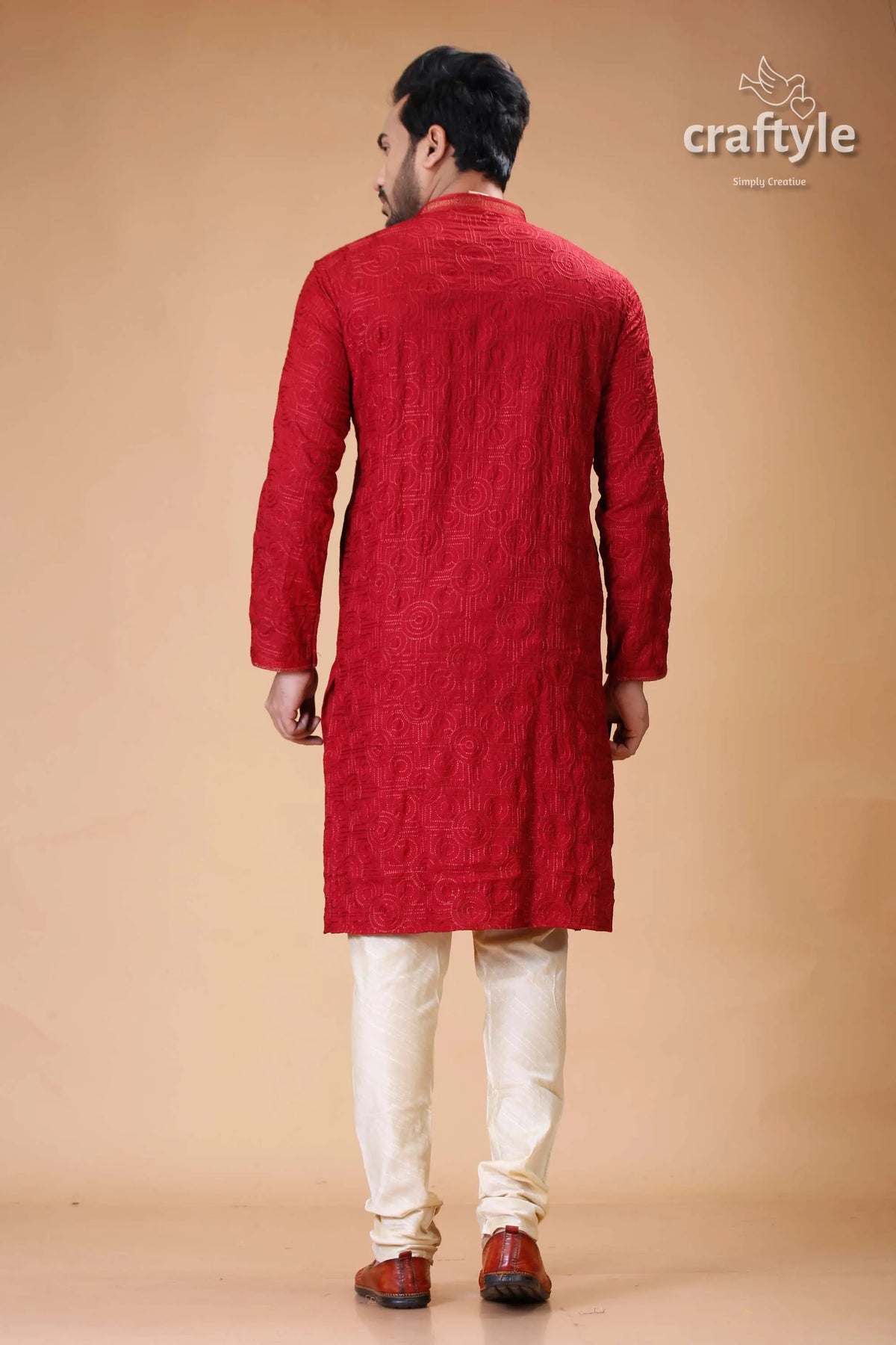 Silk panjabi for men with dark scarlet self-embroidery design red embroidered kurta pajama set 5
