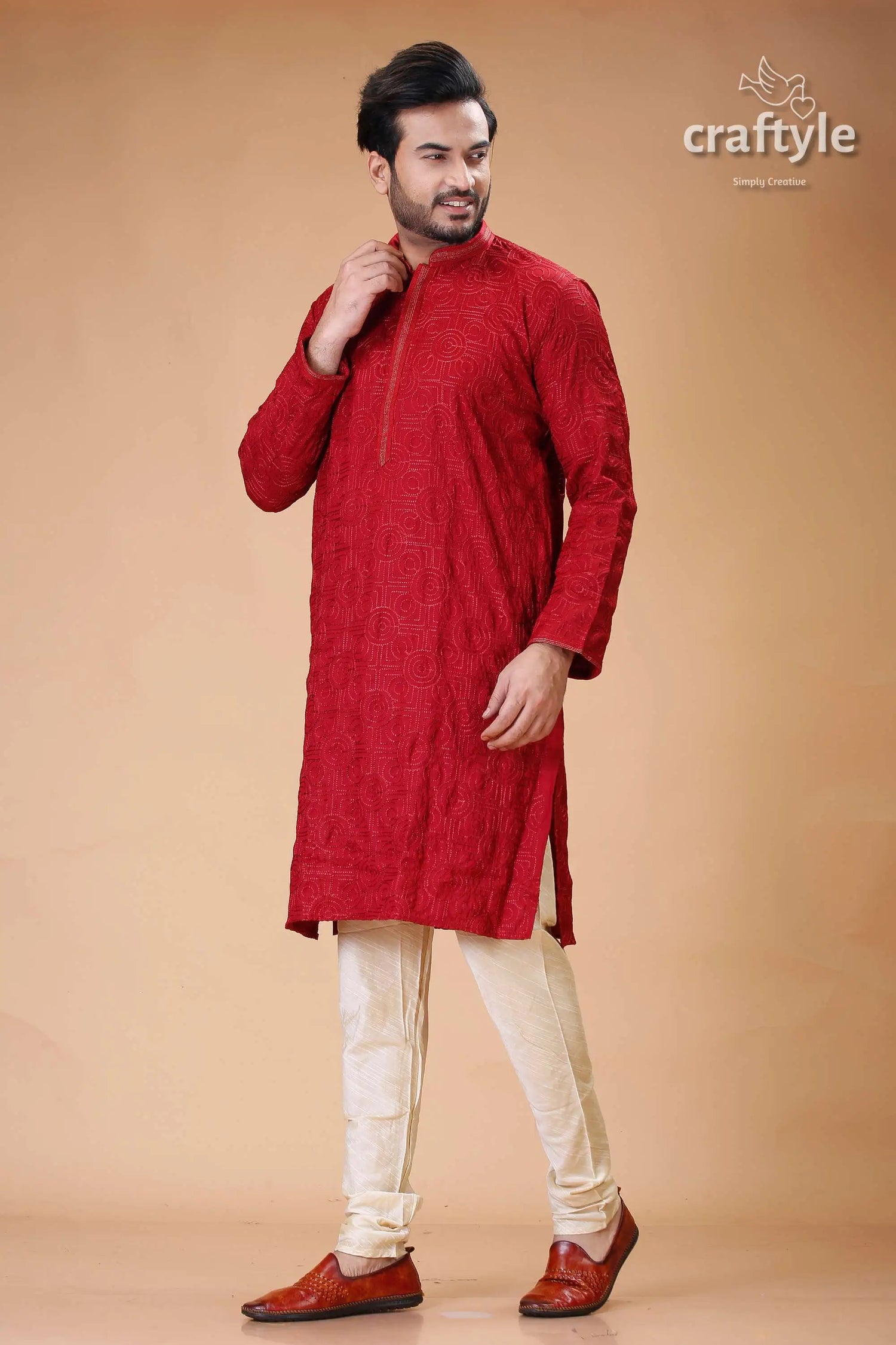 Silk panjabi for men with dark scarlet self embroidery design maroon embroidered kurta pajama set 4